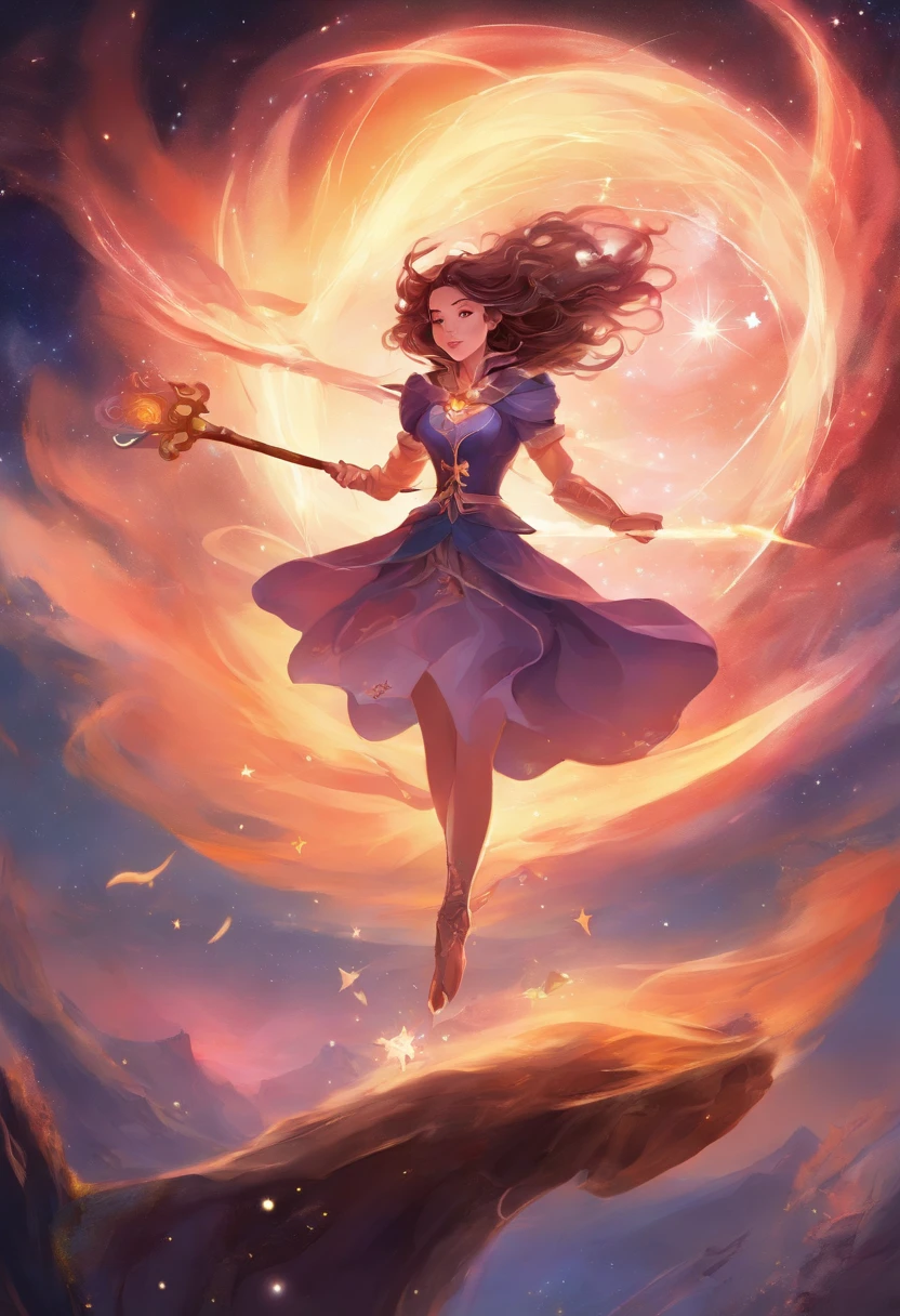 Magical girl is flying on a witch's broom under a starry sky