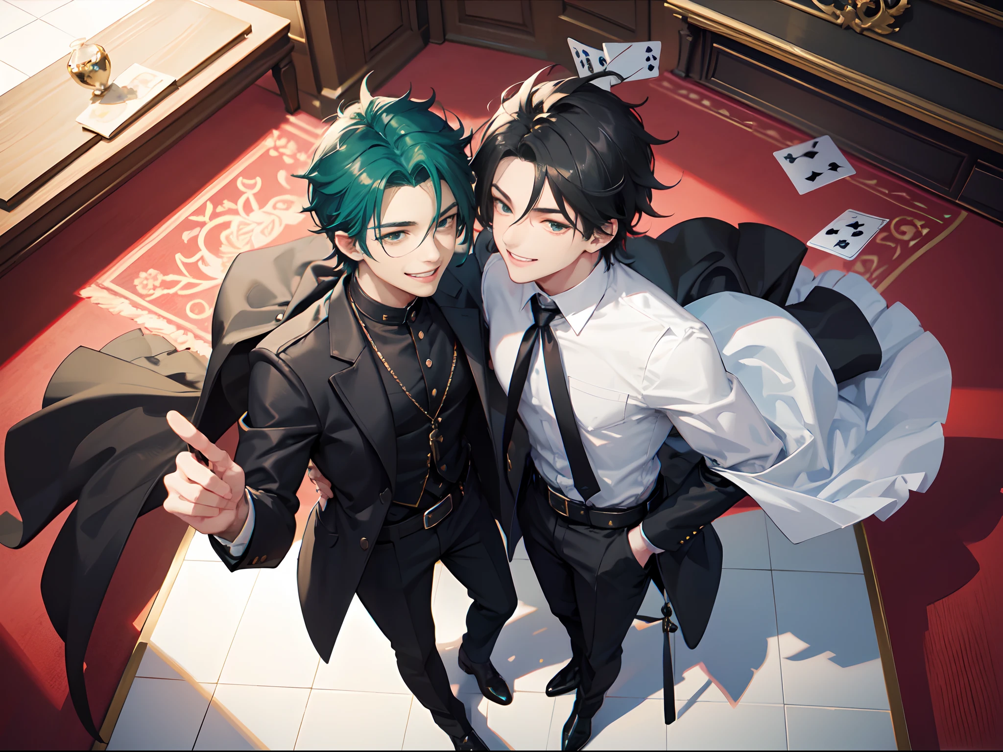 A 13 year old , a female, woman, feminine, a girl, a girl, just a person, only a person, , fragile body, guilty face, worried face, crying face, small and fragile body, green hair small, short hair, brown eyes, medieval period, wearing a suit, black suit, tuxedo, wearing a black tuxedo, medieval background, Ultra HD 4k, 4k, Ultra HD