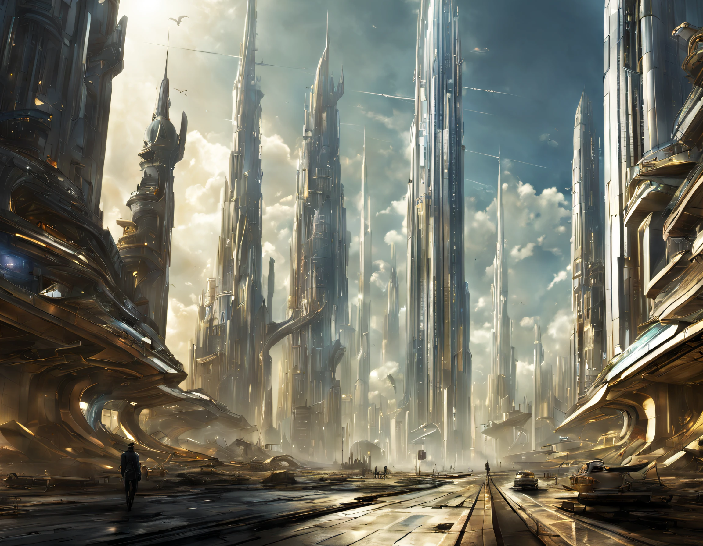 On an unknown planet there is a fantasy futuristic city with immense buildings of technological design que forman una infinita avenida, con estructuras acristaladas en plata, oro y bronce espectaculares. con colores vivos. pavimento ensolado sin brillo. gente paseando. similar a coruscant. imagen bien definida con muchos edificios juntos.