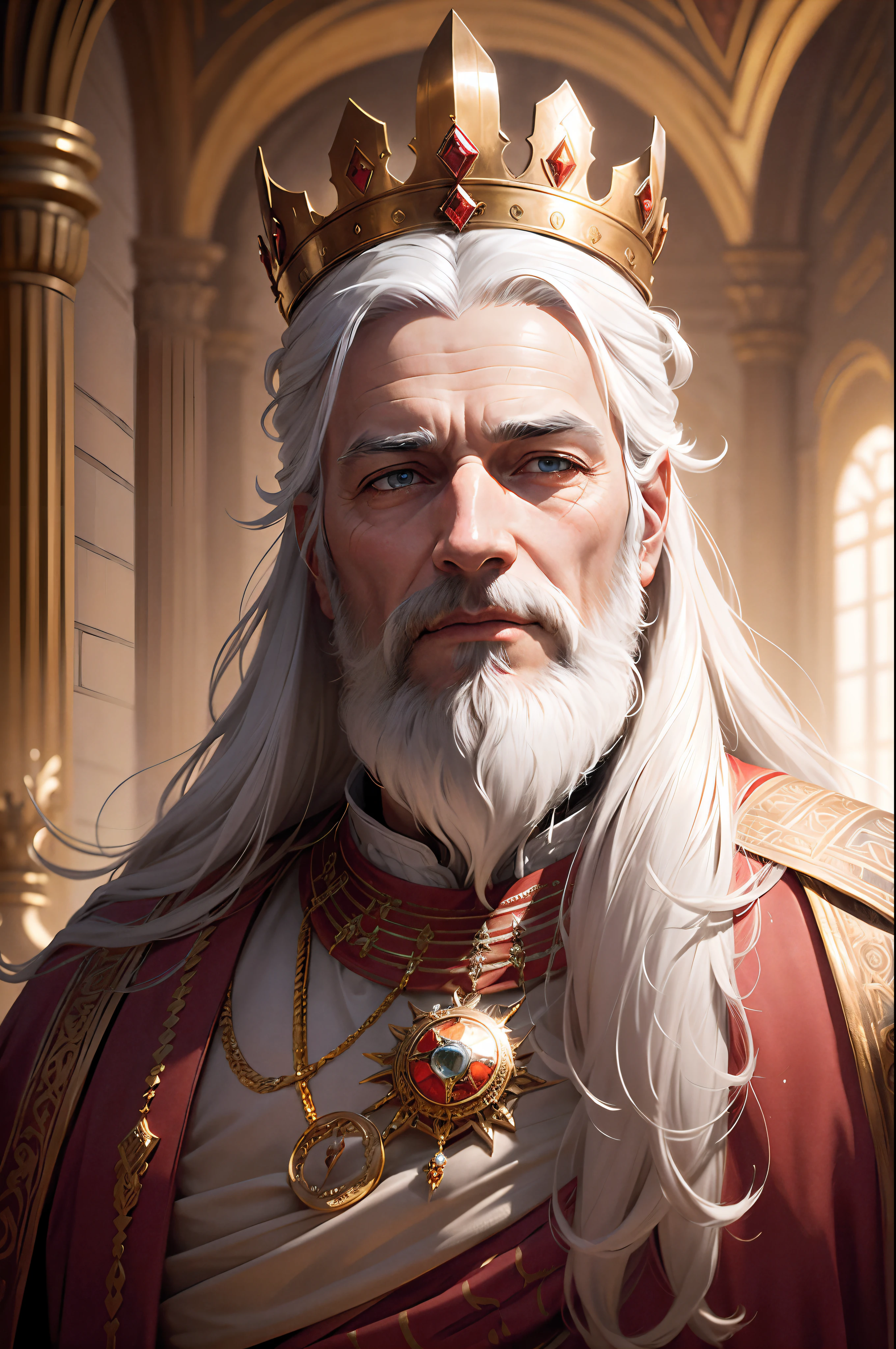8k portrait of Old King Solomon, with medium beard, (white hair and beard), brown eyes, dressed in white and red tonic, ((with a king's crown on his head with 12 precious stones of different colors)), intricate, elegant, highly detailed, majestic, digital photography, art by artgerm and ruan jia and greg rutkowski surreal painting, background an interior of a super detailed palace (masterpiece, Side lighting, beautiful finely detailed eyes: 1.2), HDR