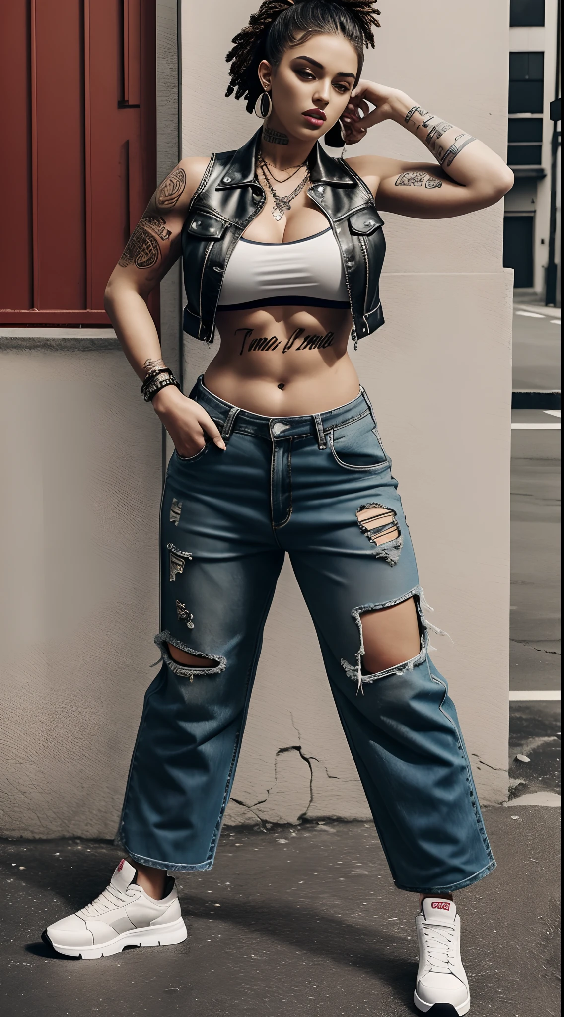 An arrogant person, extremely hyper, Busty and sexy people,badass, And the arrogant female Chav rapper,With the edge of a tomboy. Overwhelming presence. extremely hyper, Tall and strong,extremely hyper,extremely hyper,The huge muscular arms are covered with tattoos,Broad muscular shoulders,High uplift,Oversized long breasts,super gigantic breasts,Long cleavage,Pronounced abdominal major tone,Wide crotch,Exaggerated huge fat buttocks,Extremely long legs,Strong and powerful big thick legs,Stand confidently with your head held high, She is strong, The perfectly tailored punk-inspired hairstyle reflects her bold personality. She wears loose clothing, Scream West Side gang hip-hop swagger edgy streetwear. Punk-style shoes,Her tattoo is a canvas for her rebellious spirit, Tell street stories. Loose and loose pants ride low, Exposes hints of her street attitude. Her pants hung low,The waistband hangs low to reveal the tightrope of the panties,Reveal the perfect vest line,Ultra-low waist waistband,Wear a cool pair of punk-style shoes,At the same time DJ DJ,full body shot shot。