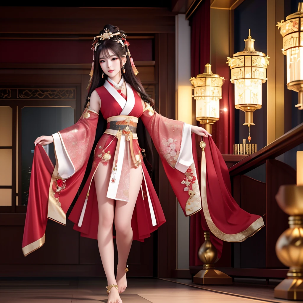 best quality, masterpiece, highres, 1girl,blush,(seductive smile:0.8),star-shaped pupils,sexy china hanfu in red, very luxury, luxury hair ornament, luxury necklace, jewelry,Beautiful face, showing legs, with her back turned, hands hided, barefoot, full body, tyndall effect,photorealistic, dark studio, rim lighting, two tone lighting,(high detailed skin:1.2), 8k uhd, dslr, soft lighting, high quality, volumetric lighting, candid, Photograph, high resolution, 4k, 8k, Bokeh