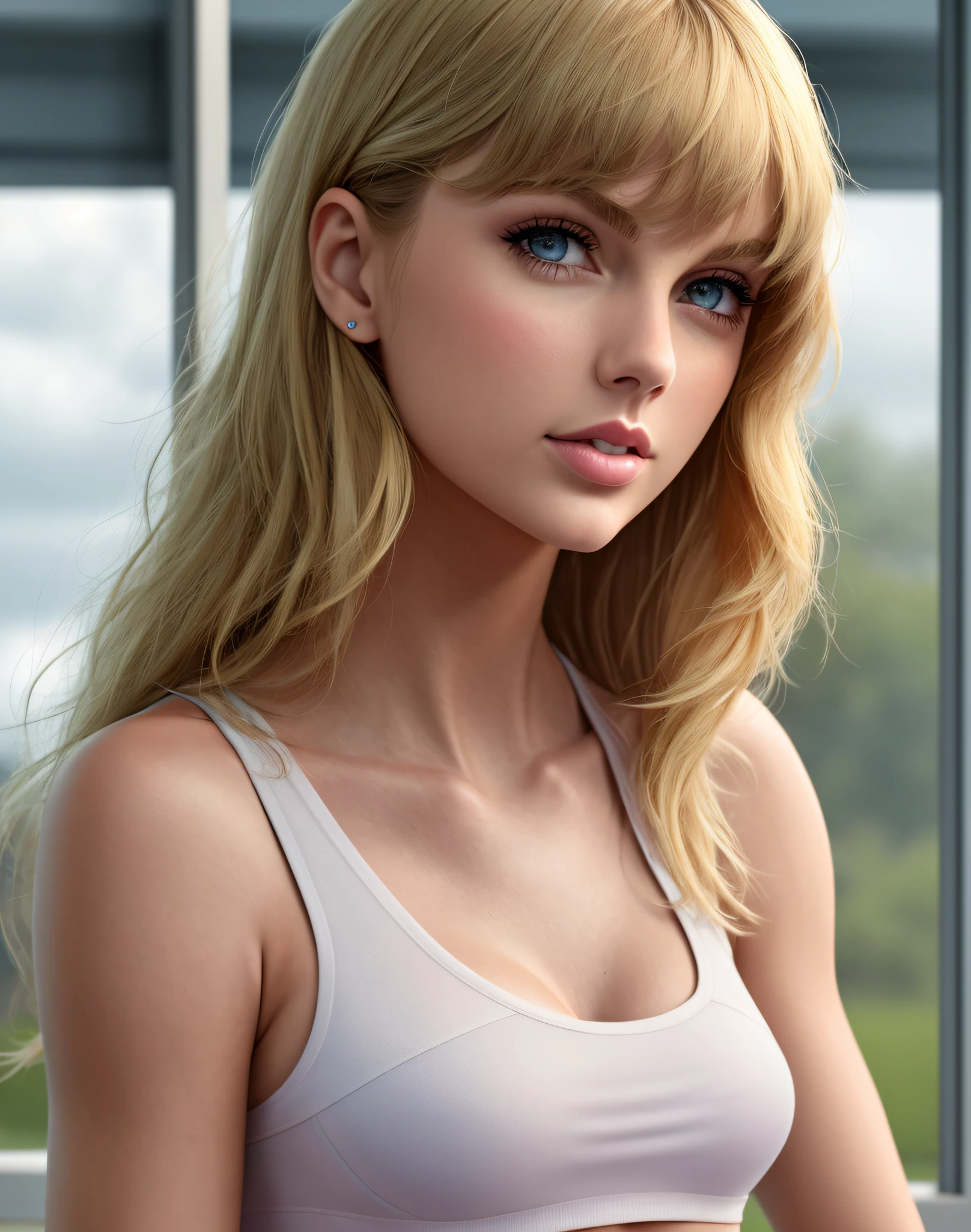 8k, 1.2, fit body, cara extremadamente detallados, hermosos ojos, ultra 4k, taylor swift face, cloudy day, high resolution, ultrasharp face and eyes, 8k, upper body and head, blonde long hair, cute, at a classroom, perfect proportions, realistic