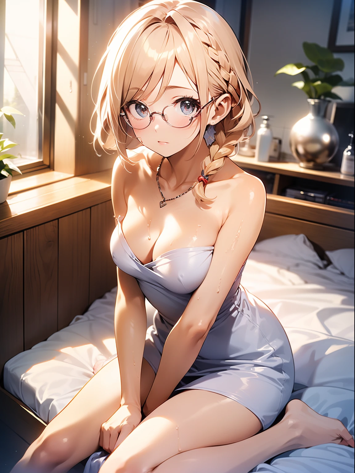 in 8K、top-quality、masterpiece、ultra-detailliert、Ultra-high resolution、((1 persons))、girl with、Braided、a blond、makeups、a necklace、Big round lens glasses、Small breasts、Wrap a bath towel around your body、cleavage of the breast、(((Sit on the bed)))