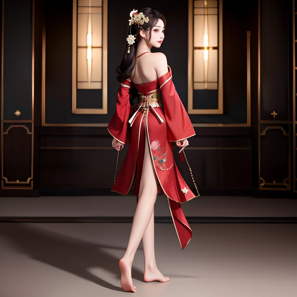 best quality, masterpiece, highres, 1girl,blush,(seductive smile:0.8),star-shaped pupils,sexy china hanfu in red, very luxury, luxury hair ornament, luxury necklace, jewelry,Beautiful face, showing legs, with her back turned, hands hided, barefoot, full body, tyndall effect,photorealistic, dark studio, rim lighting, two tone lighting,(high detailed skin:1.2), 8k uhd, dslr, soft lighting, high quality, volumetric lighting, candid, Photograph, high resolution, 4k, 8k, Bokeh