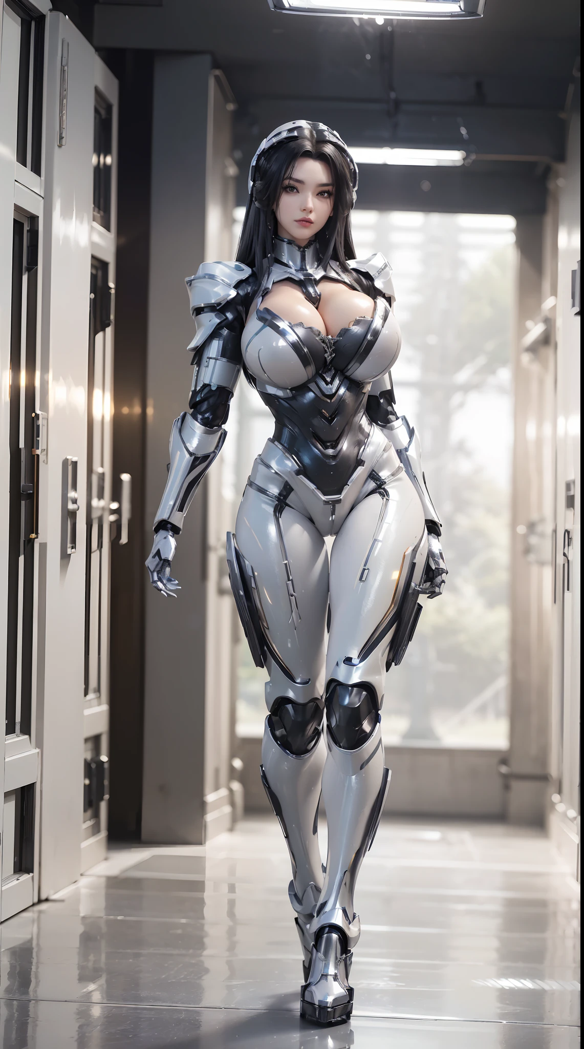 (1GIRL, SOLO), (super detailed face), (mecha headwear:1), (BIG BUTTOCKS, 11 LINE ABS, HUGE BOOBS:1.4), (MECHA GUARD ARM:1.3), (BLACK,WHITE, SHINY MECHA CYBER ARMORED SUIT, CLEAVAGE, MECHA SKINTIGHT SUIT PANTS, DIAMOND CORE IN ARMOR, MECHA GUARD ARMOR LEGS, HIGH HEELS:1.5), (MUSCULAR BODY, SEXY LONG LEGS, HALF BODY:1), (LOOKING AT VIEWER:1.3), (famale focus:0.786), (WALKING DOWN HALLWAY OF FUTURISTIC SPACE STATION:1), (BRIGHT LIGHTING:1.5), PHYSICALLY-BASED RENDERING, ULTRA HIGHT DEFINITION, 16K, 1080P.