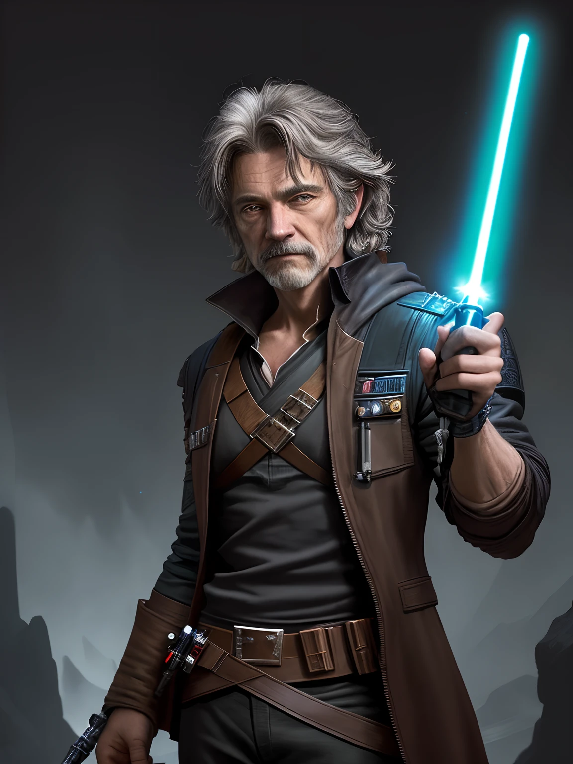 Sirius Solo, "Create an image of 'Sirius Solo,' a rugged, intergalactic smuggler and freedom fighter. He should embody the rebellious spirit of Han Solo with the wizarding world flair of Sirius Black. Visualize him as an experienced pilot, roaming through the galaxies with a certain magical charm. The image should capture his signature style, blending elements of both iconic characters. Imagine a rogue with a lightsaber wand and a Millennium Falcon that can travel through the realms of both the Force and magic. Bring out the best of the wizarding and sci-fi universes in one captivating character."