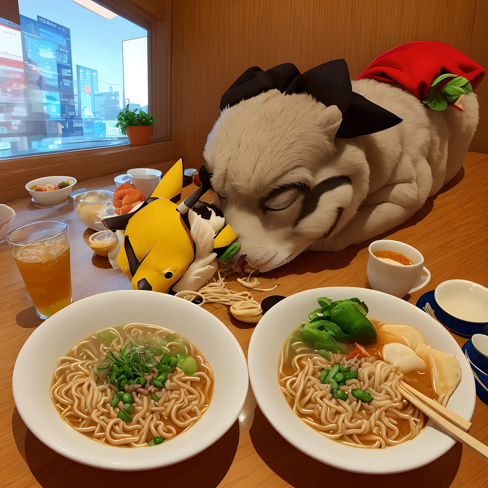 Pikachu sipping ramen