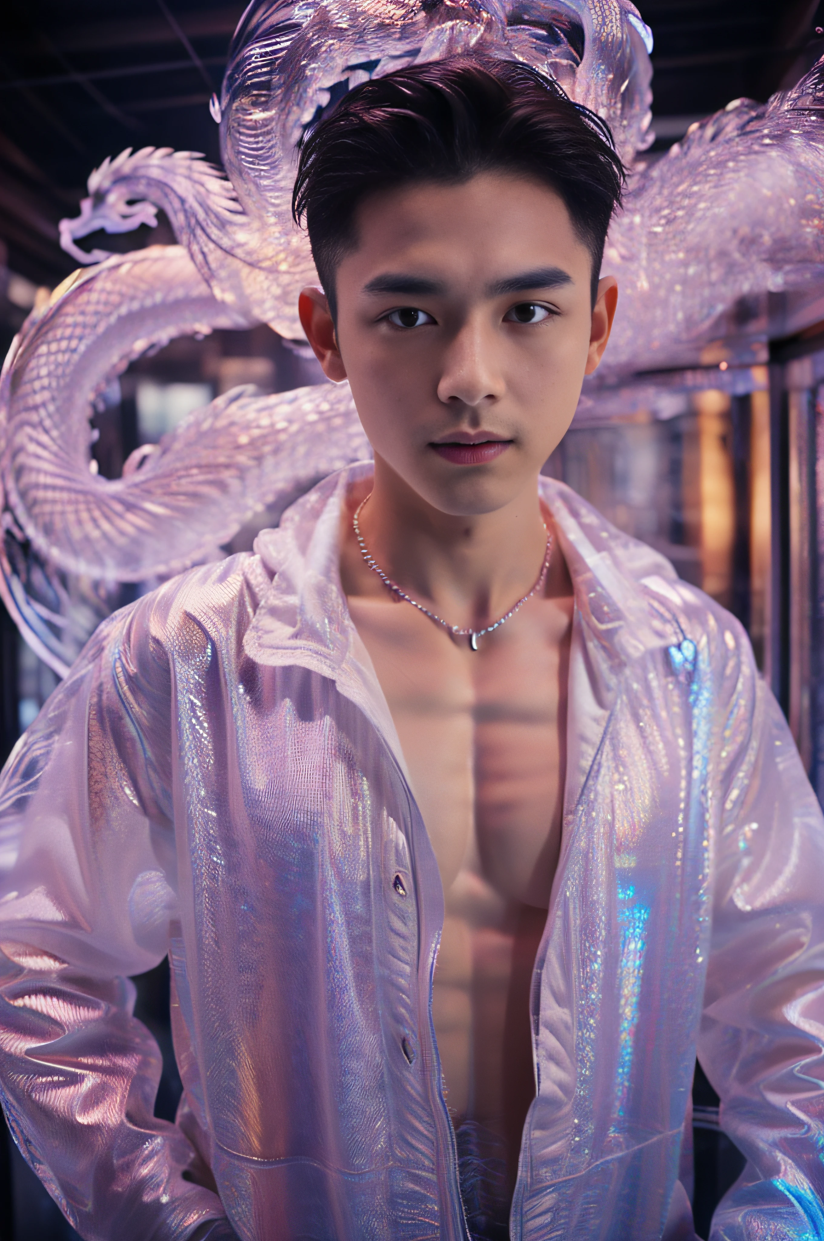 White Holographic Dragon 1 boy，closeup cleavage，Clear facial features and a delicate face，virile，delicated