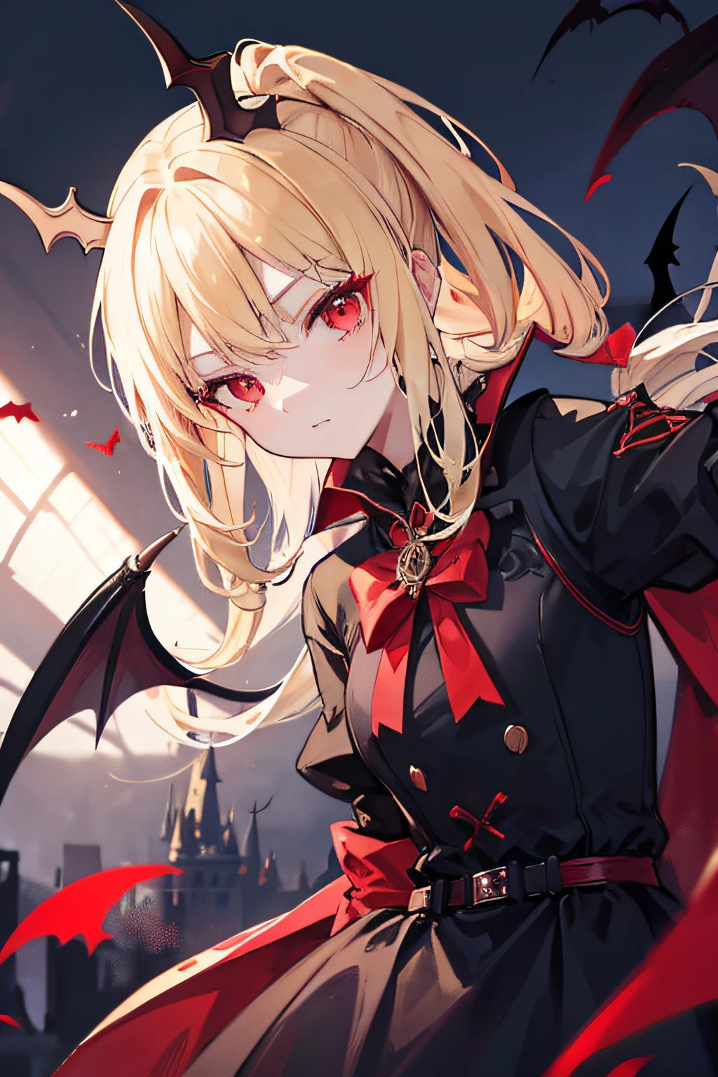 Blonde hair double ponytail，Vampires，With a petite figure，Bat wings，red eyes，Small crown hair ornaments，solo person，Arrogant，Western-style dress，outside，Castle