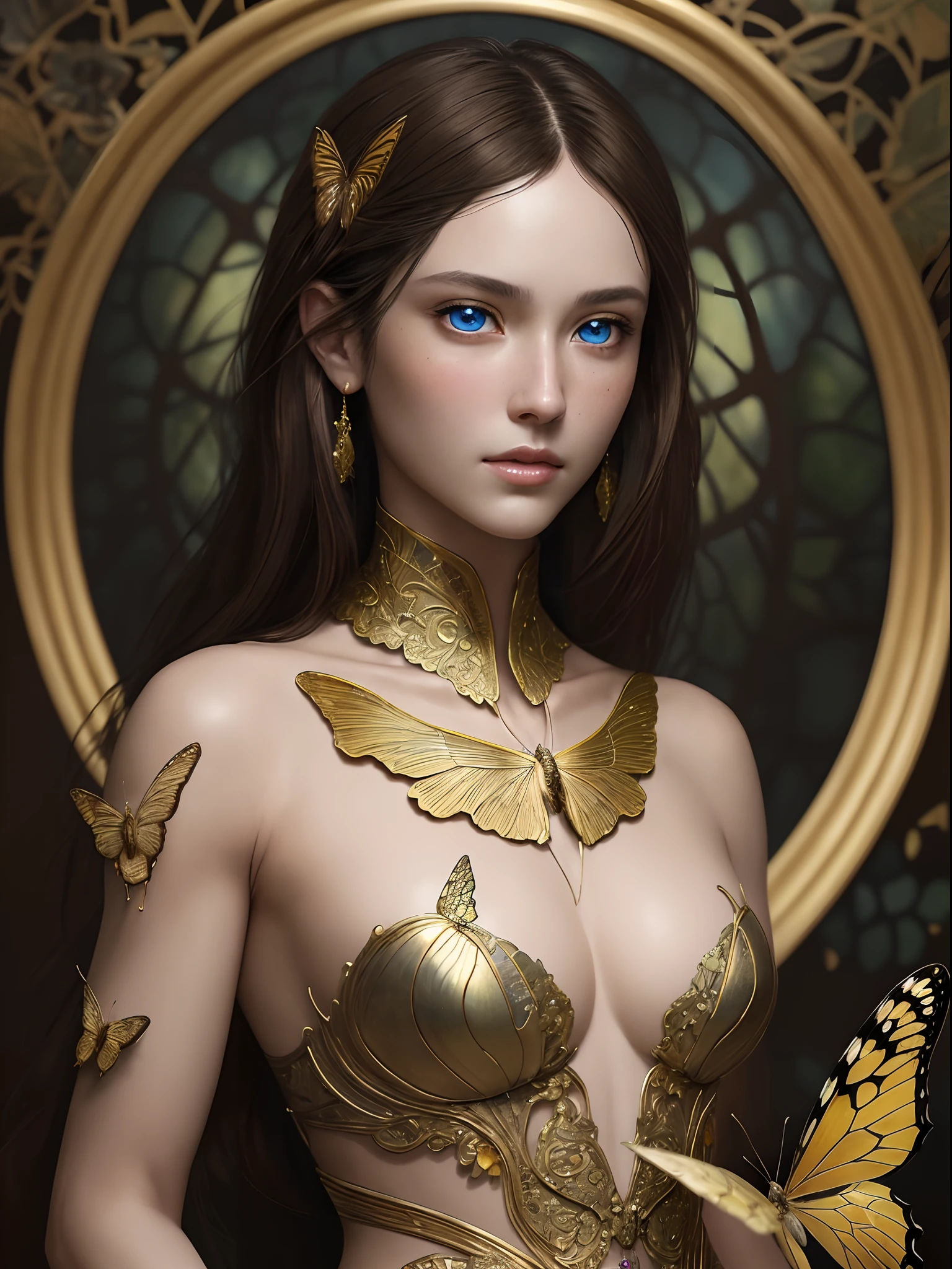 8k, intricate, elegant, highly detailed, majestic, digital photography, art by artgerm and ruan jia and greg rutkowski surreal painting gold butterfly filigree, broken glass, (masterpiece, sidelighting, finely detailed beautiful eyes: 1.2), hdr, (detailed background window to a new dimension, plants and flowers:0.7) infinity, beautiful woman, brown hair, blue eyes, fair skin, portrait