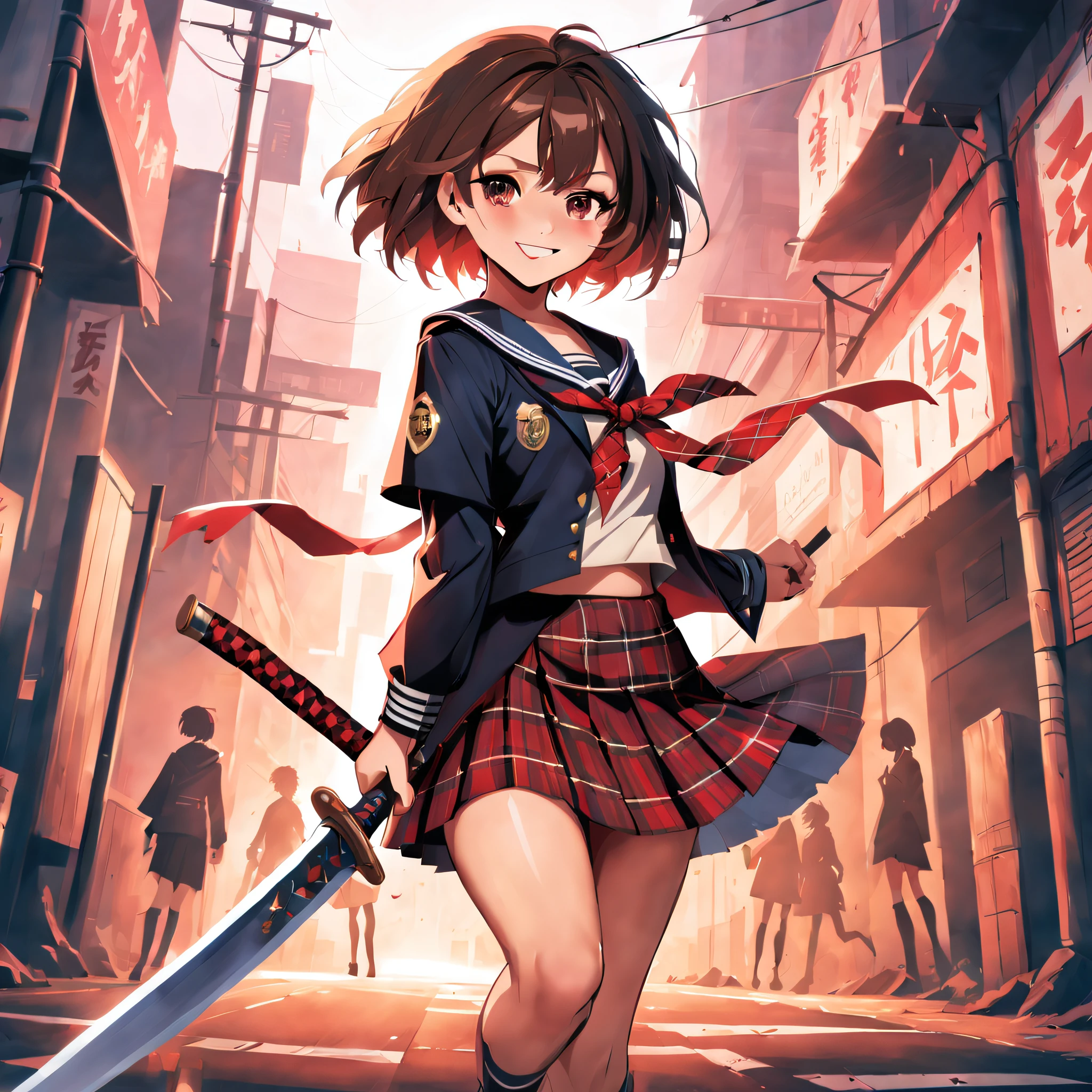 masutepiece, High quality, Cinematic lighting, Front Camera Angle, Ruined metropolis, High school girl holding Japan sword handle in right hand, Beautiful Girl, Unbeatable smile, Good Style, Short hair, cleavage , Short sailor suit, Tartan mini skirt, Dynamic Pose,