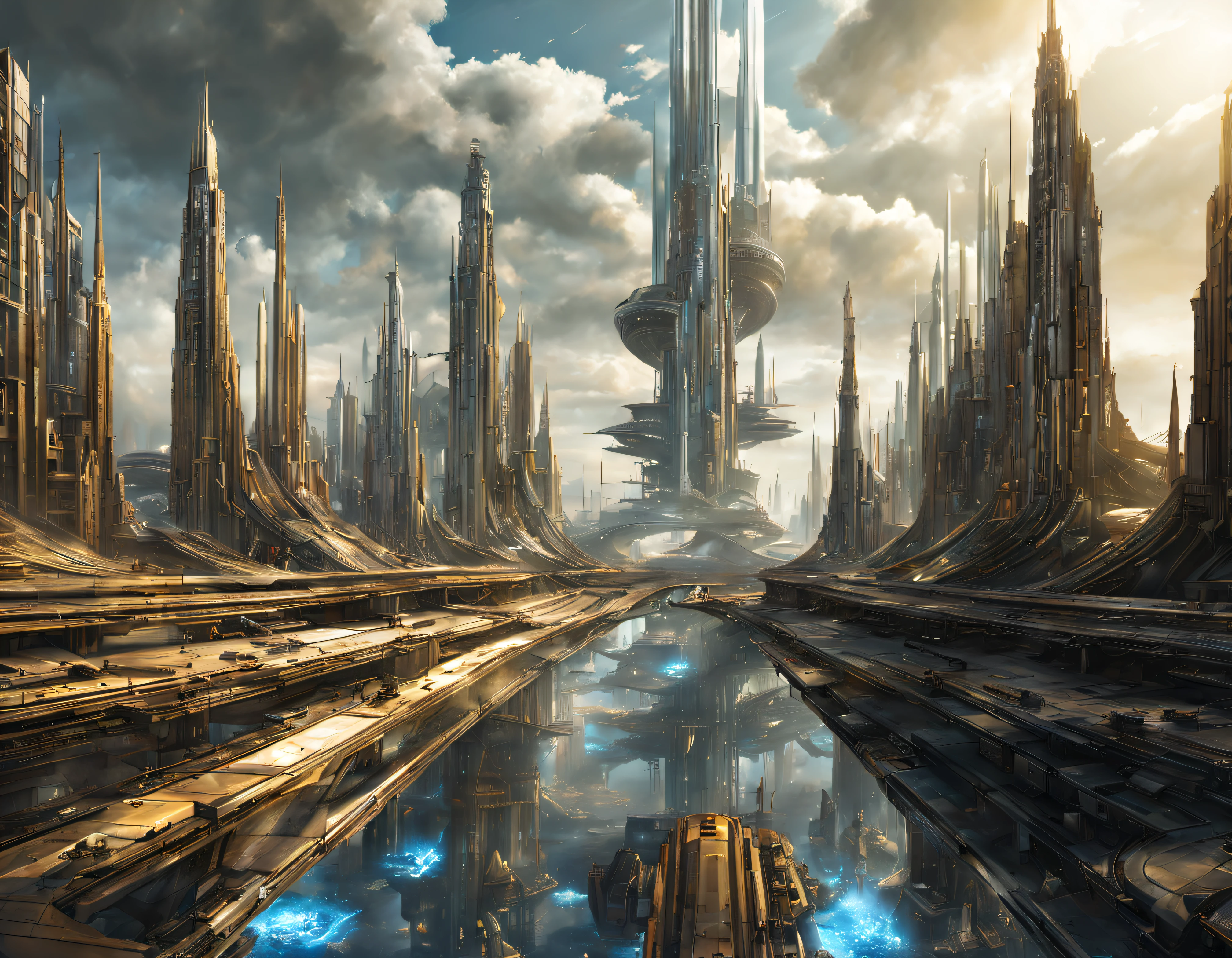 On an unknown planet there is a fantasy futuristic city with immense buildings of technological design que forman una infinita avenida, con estructuras acristaladas en plata, oro y bronce espectaculares. con colores vivos. pavimento ensolado sin brillo. gente paseando. similar a coruscant. imagen bien definida con muchos edificios juntos.