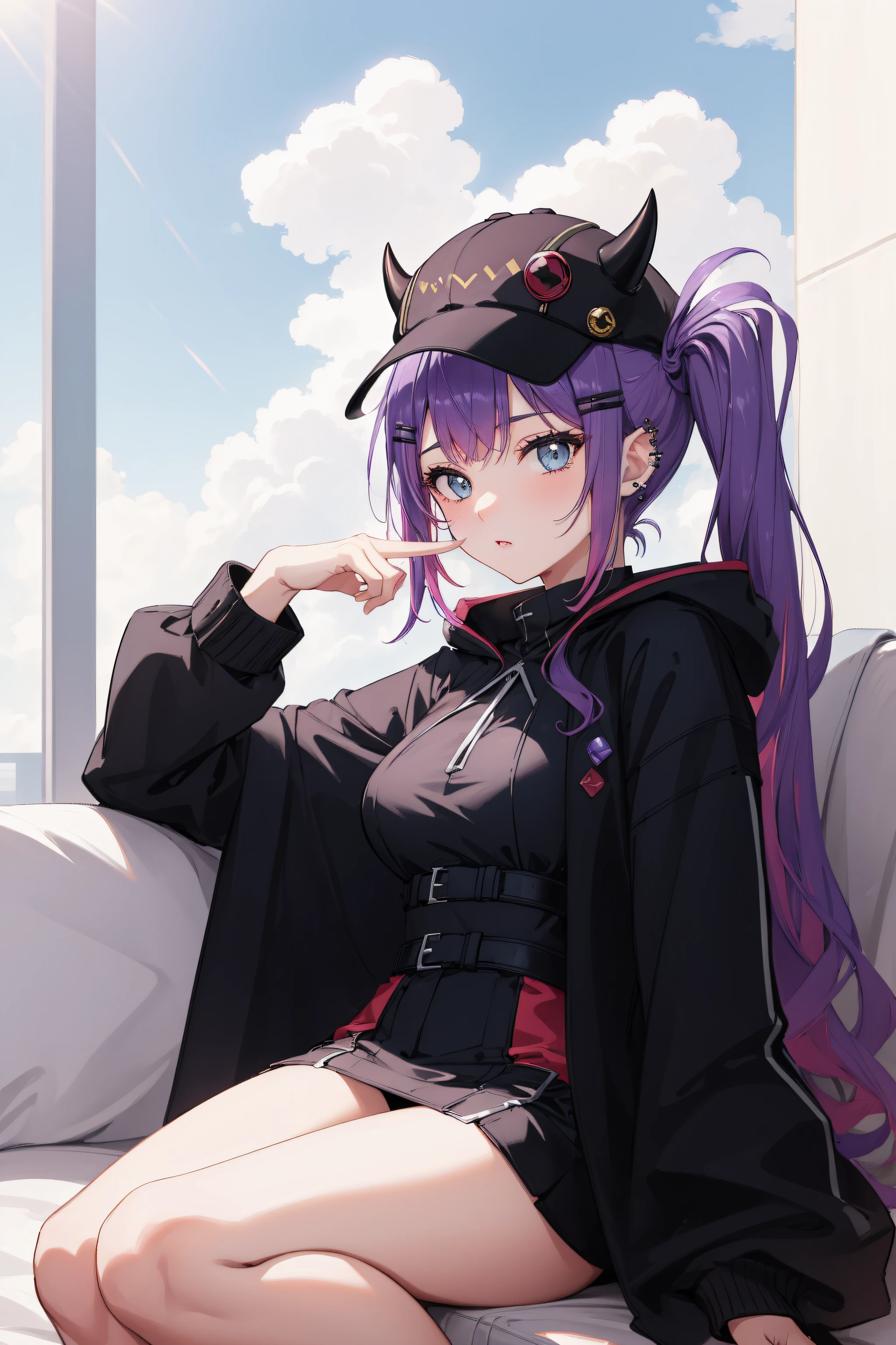(day:1.7), sky background,a blue sky and clouds,
sitting at attention,sitting on couch,
purple dress,black_cape, cloak,robe,
aatowa, long hair, twintails, black headwear, baseball cap, fake horns, hairclip, piercing, demon tail,
1 girl, 20yo,mature female,Beautiful Finger,Beautiful long legs,Beautiful body,Beautiful Nose,Beautiful character design, perfect eyes, perfect face,
looking at viewer, (innocent_big_eyes:1.0),(expressionless:1.3),
NSFW,official art,extremely detailed CG unity 8k wallpaper, perfect lighting,Colorful, Bright_Front_face_Lighting,
(masterpiece:1.0),(best_quality:1.0), ultra high res,4K,ultra-detailed,
photography, 8K, HDR, highres, absurdres:1.2, Kodak portra 400, film grain, blurry background, bokeh:1.2, lens flare, (vibrant_color:1.2)
(Beautiful,large_Breasts:1.4), (beautiful_face:1.5),(narrow_waist),(perfect hands, perfect anatomy),