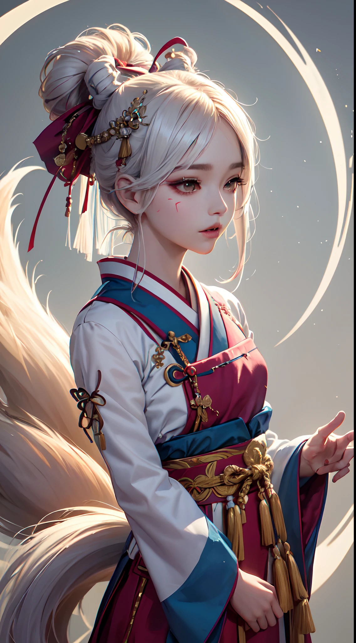 masterpiece, best quality, IncrsAhriDynasty, fox tail, multiple tails, facial mark, korean clothes, hair bun, (hair stick:1.1), hanbok, hair ribbon, upper body,