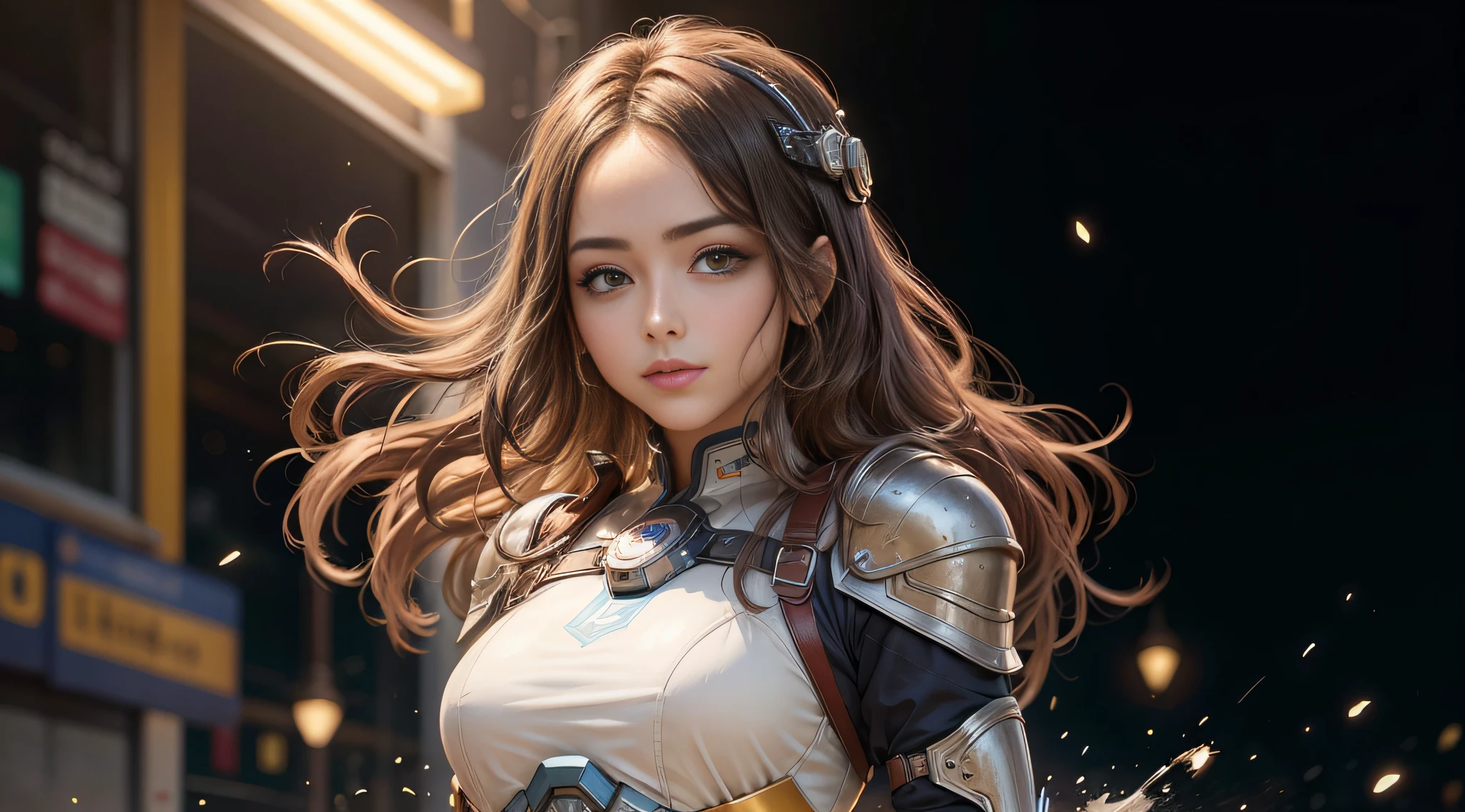cuerpo completo, cabello azul, contundente de, Obra maestra, Calidad superior, Arte Oficial, album art, muy elaborado CG Unity 8K fondo de pantalla, Lonely girl, Chica japonesa, cuerpo completo, Super High Resolution, (fotorrealista: 1.4), Dynamic Angle, dynamic pose, mystical power, particles floating, reflecion, so cute, Ojos de color azul brillante, golden hour lighting, Traje de piloto en colores blanco y azul y negro, Ropa ajustada, Ropa que cubre todo el cuerpo, Botas hasta la rodilla, (ojos hinchados), Visor mirando, Frente, belleza, senos medianos, Elevador de camisa, metal wire, cuerpo delgado, Guantes hasta el brazo, Anime heroine, sonrisa suave, auriculares de casco, casco, Cabina de robot detallada, Super futuristic space