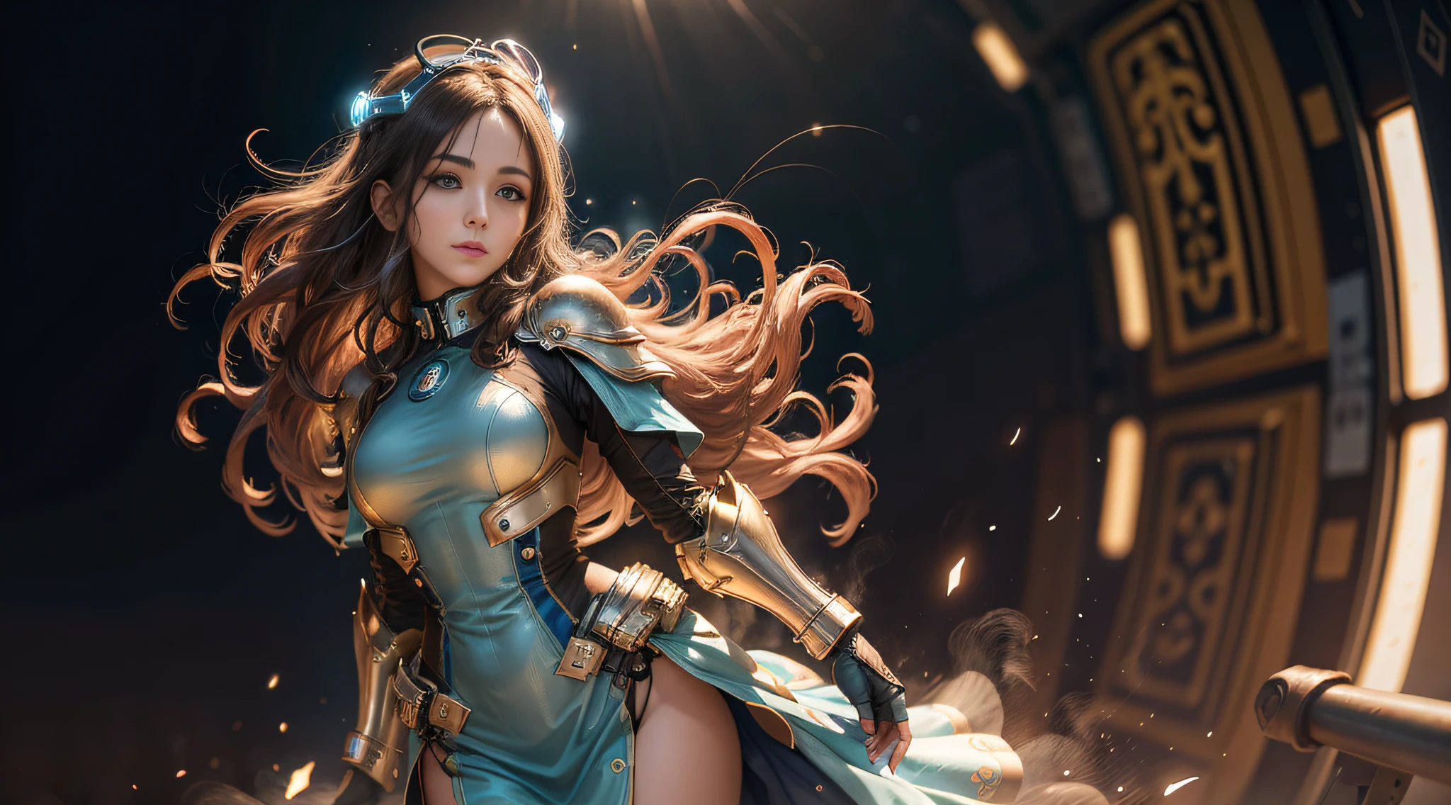 cuerpo completo, cabello azul, contundente de, Obra maestra, Calidad superior, Arte Oficial, album art, muy elaborado CG Unity 8K fondo de pantalla, Lonely girl, Chica japonesa, cuerpo completo, Super High Resolution, (fotorrealista: 1.4), Dynamic Angle, dynamic pose, mystical power, particles floating, reflecion, so cute, Ojos de color azul brillante, golden hour lighting, Traje de piloto en colores blanco y azul y negro, Ropa ajustada, Ropa que cubre todo el cuerpo, Botas hasta la rodilla, (ojos hinchados), Visor mirando, Frente, belleza, senos medianos, Elevador de camisa, metal wire, cuerpo delgado, Guantes hasta el brazo, Anime heroine, sonrisa suave, auriculares de casco, casco, Cabina de robot detallada, Super futuristic space