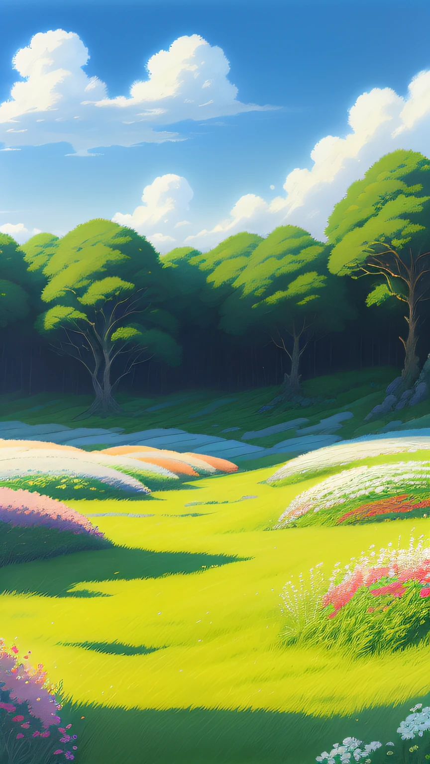 Realistic, authentic, beautiful and amazing landscape oil painting Studio Ghibli Hayao Miyazaki&#39;s petal grassland with blue sky and white clouds --v6