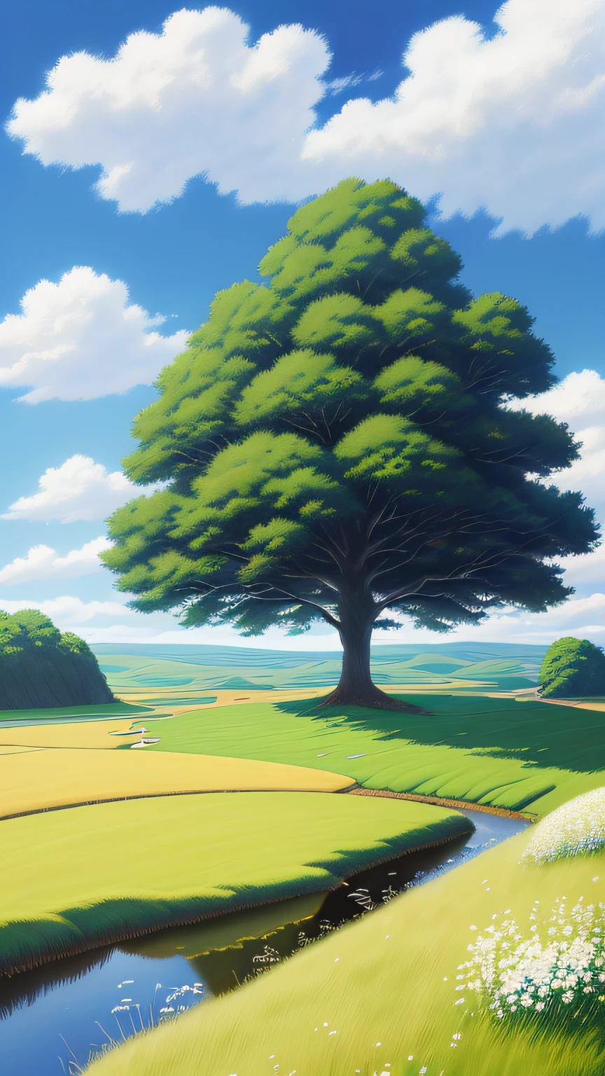 Realistic, authentic, beautiful and amazing landscape oil painting Studio Ghibli Hayao Miyazaki's petal grassland with blue sky and white clouds --v6