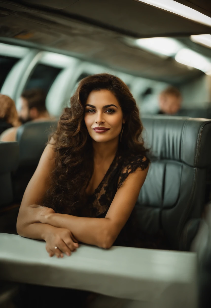 jovem 18 anos, Beautiful, (((Novo))), ((no-bra)), sem calcinha, inspirado em prostituta, Flight attendant, corpo escultural, olhos azuis, Cabelo longos, cabelos loiros , confident expression, (Pose de prostituta), passeando elegantemente pelo corredor da cabine, com um sorriso radiante, interacting with passengers caressing their private parts, luzes suaves iluminando o ambiente, windows with stunning views of the night sky of the city of Dubai,