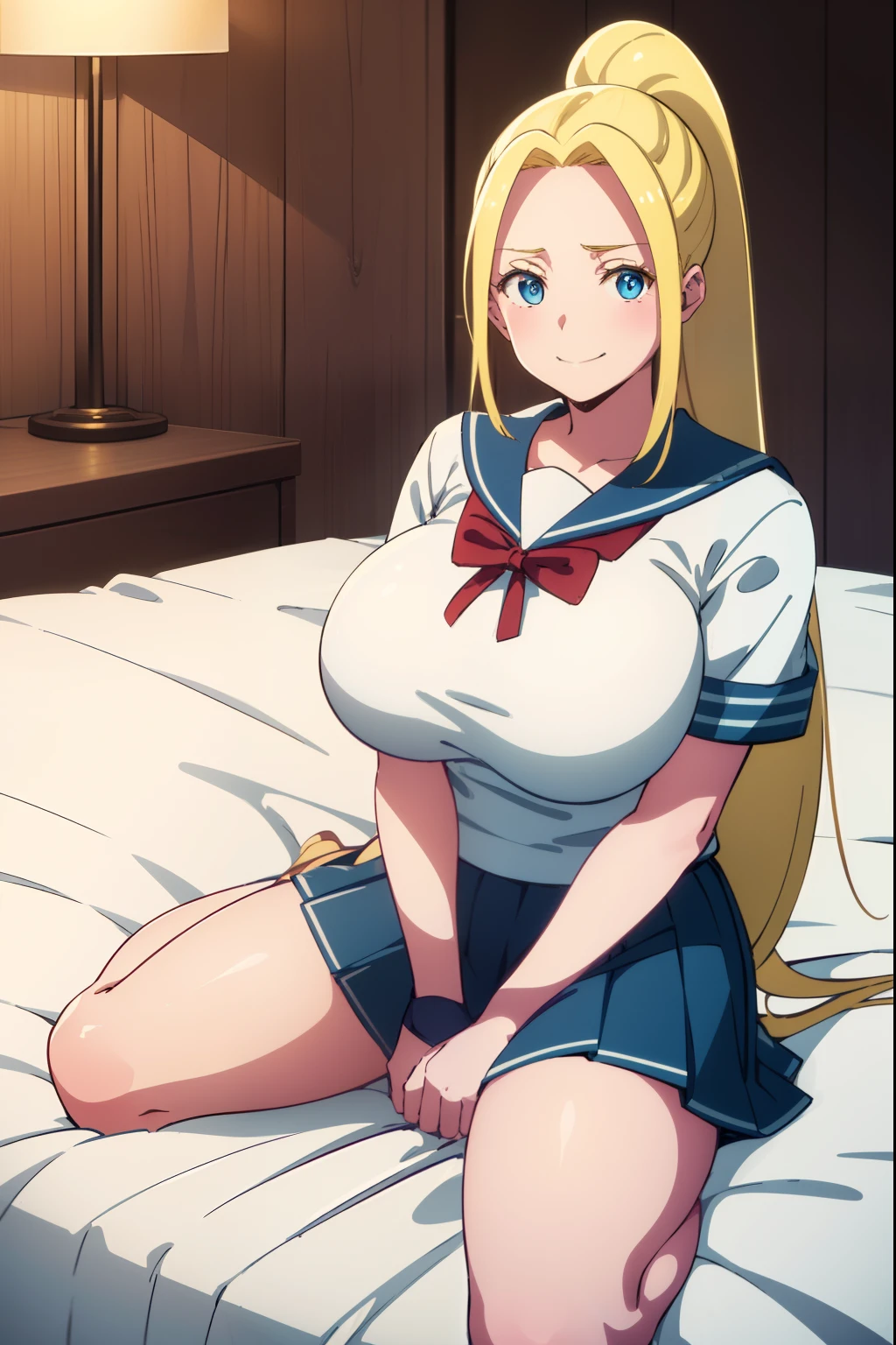 Huge tits, solo, white sailor uniform, smile, beatrixamerhauser, beatrix amerhauser, long hair, blue eyes, blonde hair, ponytail, best quality, high resolution, unity 8k wallpaper, extremely detailed face, perfect lighting, extremely detailed, sitting on the bed
Estimate