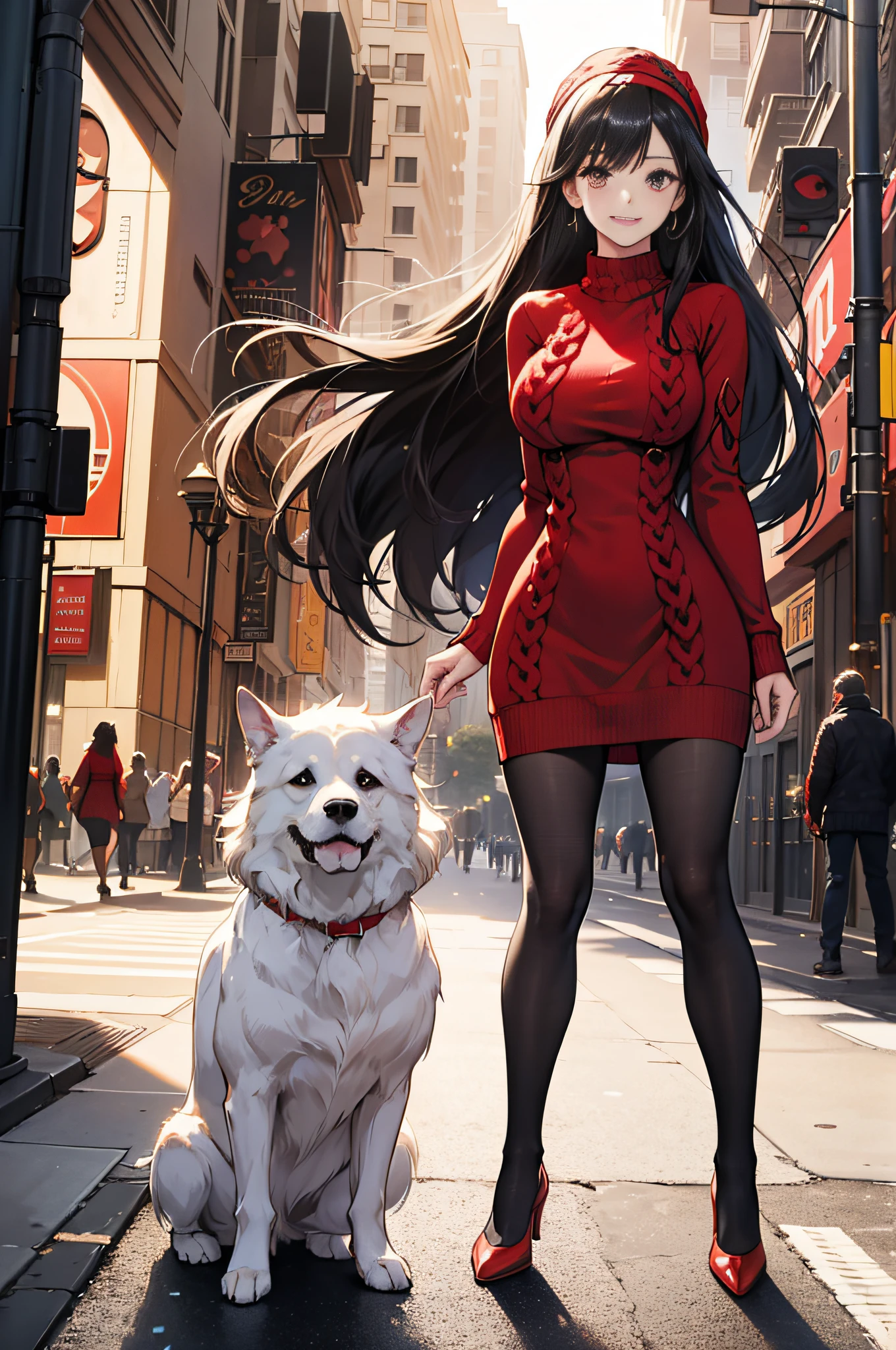 (Full body:1.5)、(((1girl in)):1.3)、(view the viewer:1.4)、((anatomy correct):1.45)、(Beautiful:1.2) 、(Very large breasts:1.3)、(Accurate and perfect face:1.3)、hyper HD、Ray traching、reflective light、 Structurally correct、awardwinning、high detailing、Lighten the shade contrast、Face lighting、Cinematic lighting、masutepiece、super detailing,、High quality、high detailing、Best Quality、16 K、High contrast、(((((Red Sweater Dress)))))、 In the bustling streets of New York City, a black-haired woman wearing a vibrant red knitted dress, complemented by black pantyhose, and a white headband adorning her head can be seen. She stands in a city park, her face lighting up with a warm smile as she crouches down to affectionately stroke a magnificent, elderly Great Pyrenees dog. The dog is a vision of purity, with long, flowing white fur that glistens in the sunlight. Both the woman and the dog radiate happiness and contentment as they engage in a playful, heartwarming interaction, capturing a beautiful moment of companionship. --auto
