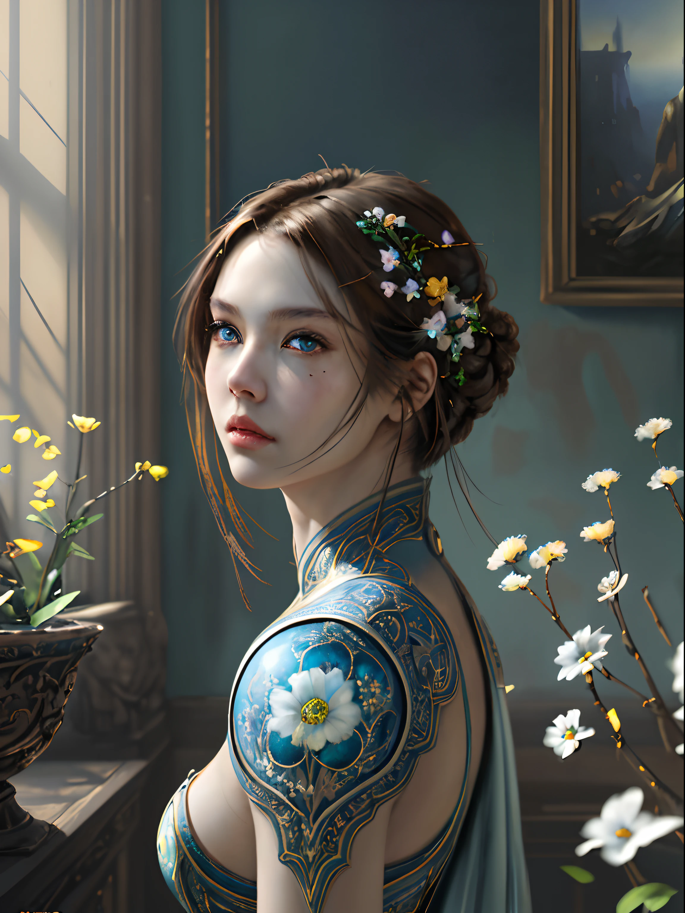 8k, intricate, elegant, highly detailed, majestic, digital photography, art by artgerm and ruan jia and greg rutkowski surreal painting, (masterpiece, sidelighting, finely detailed beautiful eyes: 1.2), hdr, (detailed background window to a new dimension, plants and flowers:0.7) infinity, beautiful woman, brown hair, blue eyes, fair skin, portrait