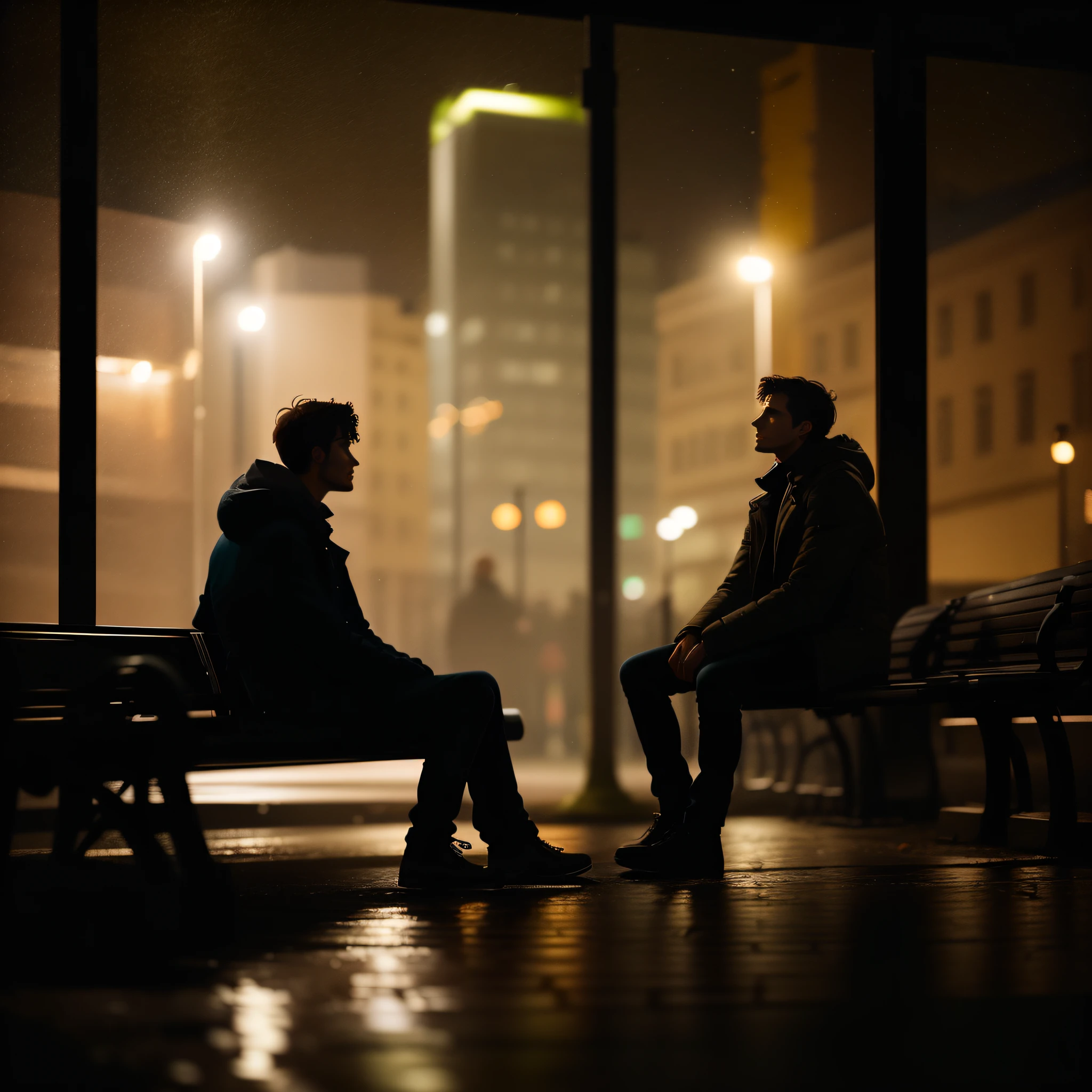 there are two men sitting on benches in the dark, dark people discussing, calmly conversing 8k, dimly lit scene, people at night, at nighttime, by Sebastian Spreng, cinematic film still, by Niko Henrichon, taken in the night, dark mood, at night, fighting in a dark scene, by Matt Stewart, at night time
