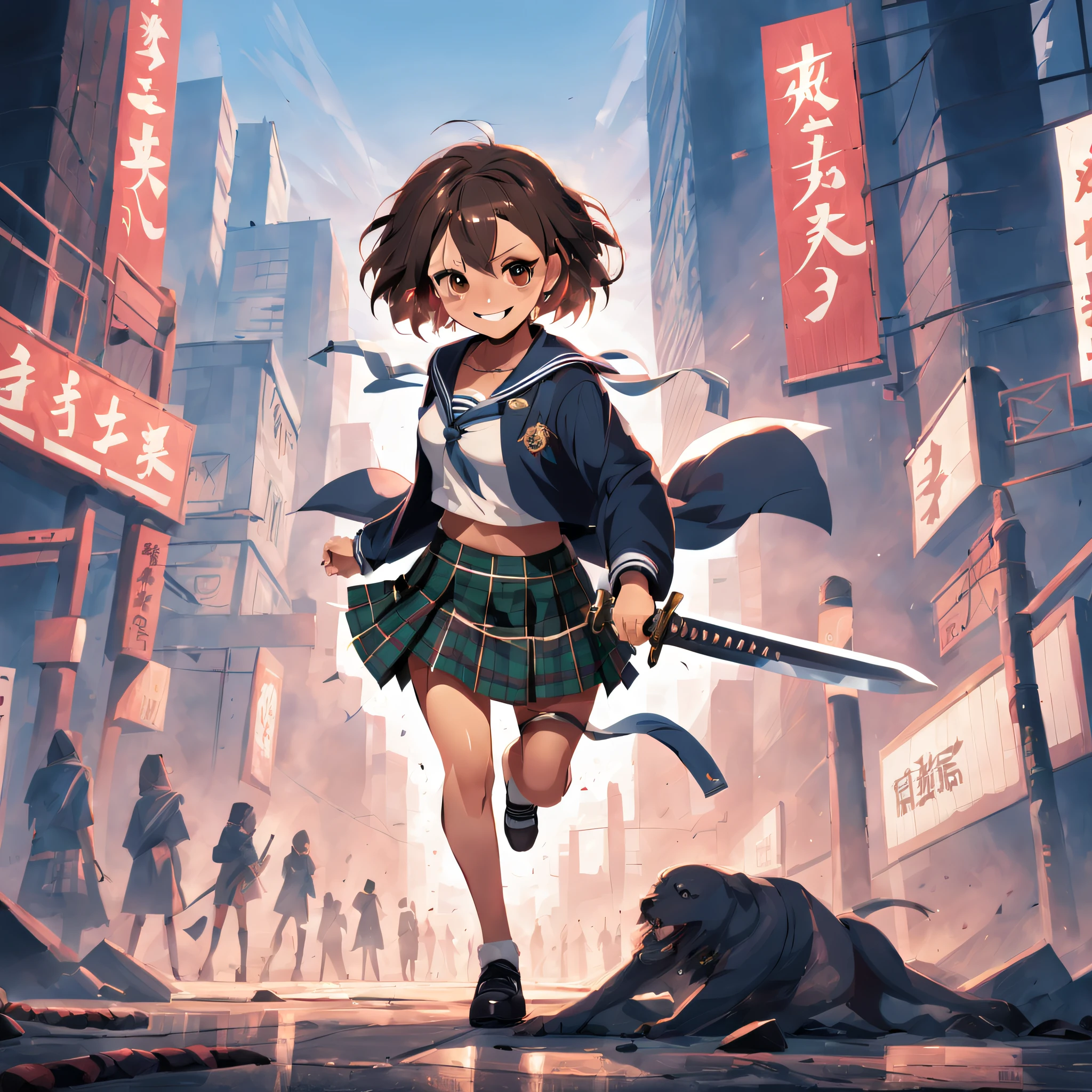 masutepiece, High quality, Cinematic lighting, Front Camera Angle, Ruined metropolis, High school girl holding Japan sword hilt in right hand, Beautiful Girl, Unbeatable smile, Good Style, Short hair, cleavage , Short sailor suit, Tartan mini skirt, Dynamic Pose,