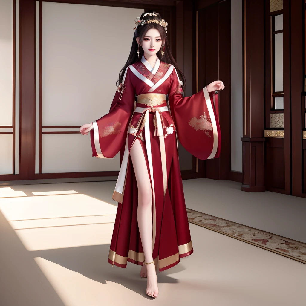 best quality, masterpiece, highres, 1girl,blush,(seductive smile:0.8),star-shaped pupils,sexy china hanfu in red, very luxury, luxury hair ornament, luxury necklace, jewelry,Beautiful face, showing legs, with her back turned, hands hided, barefoot, full body, tyndall effect,photorealistic, dark studio, rim lighting, two tone lighting,(high detailed skin:1.2), 8k uhd, dslr, soft lighting, high quality, volumetric lighting, candid, Photograph, high resolution, 4k, 8k, Bokeh
