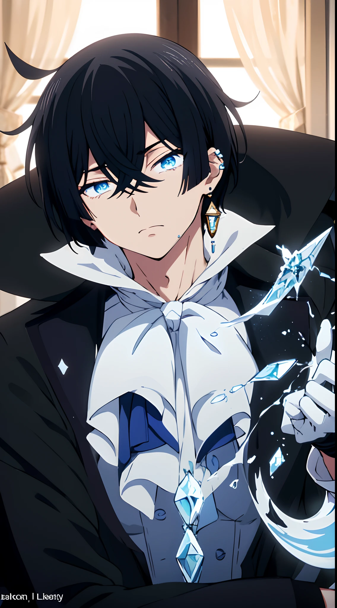 (masterpiece:1.2, best quality), (finely detailed beautiful eyes: 1.2), (detailed background,dark fantasy), (beautiful detailed face), high contrast, (best illumination, an extremely delicate and beautiful), ((cinematic light)), colorful, hyper detail, dramatic light, intricate details, (looking at viewer, gloves, hair between eyes, jewelry, male focus, earrings, sword, coat, ascot white ascot), swirling black light around the character, depth of field,black light particles,(broken glass),magic circle, ((1boy)), ((black hair))