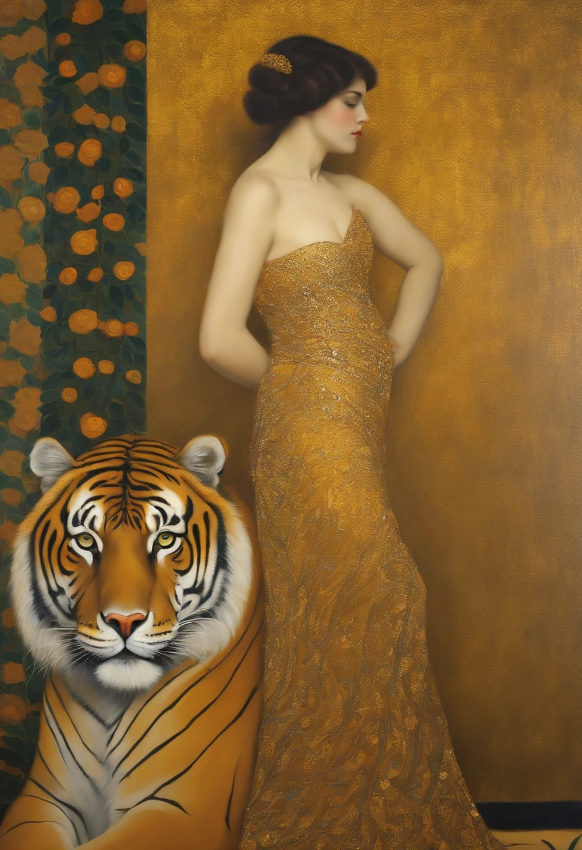 a painting of awoman compares herself to a tiger trying to hunt her and stands bravely against it. Painting of Gustav Klimt stylestyle of gustav klimt, gustav klimt style, gustav klimt 4k, gustav klimt 4 k, gustav klimt 8k, gustav klimt painting, gustave klimt, gustav klimt yoh yoshinari, by Gustav Klimt