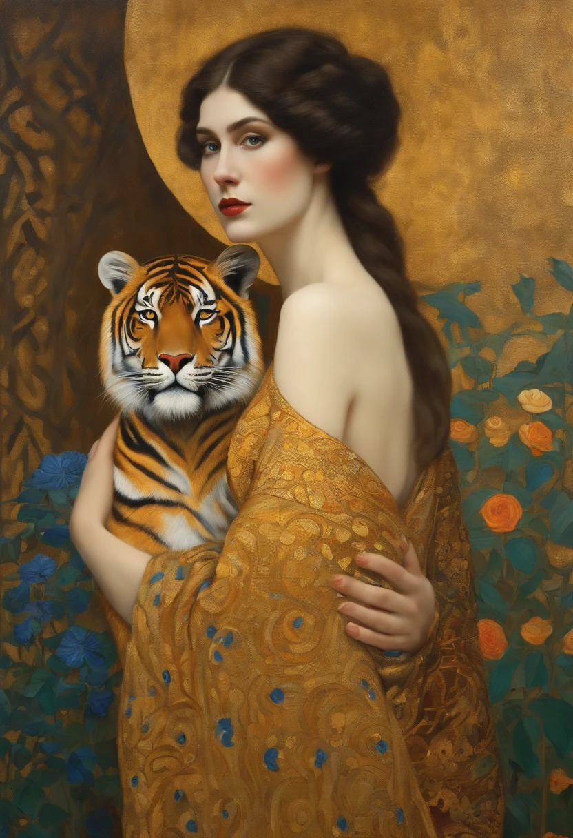 a painting of awoman compares herself to a tiger trying to hunt her and stands bravely against it. Painting of Gustav Klimt stylestyle of gustav klimt, gustav klimt style, gustav klimt 4k, gustav klimt 4 k, gustav klimt 8k, gustav klimt painting, gustave klimt, gustav klimt yoh yoshinari, by Gustav Klimt