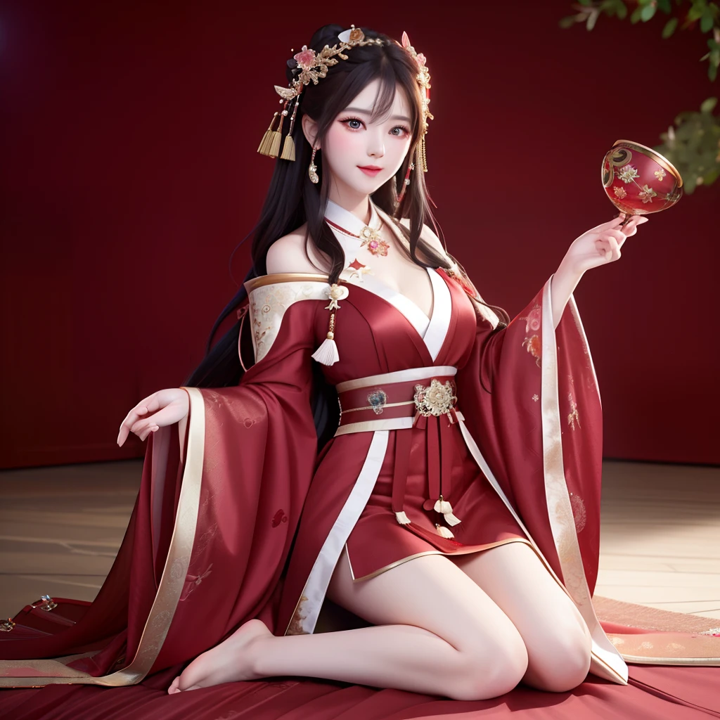best quality, masterpiece, highres, 1girl,blush,(seductive smile:0.8),star-shaped pupils,sexy china hanfu in red, very luxury, luxury hair ornament, luxury necklace, jewelry,Beautiful face, showing legs, with her back turned, hands hided, barefoot, full body, tyndall effect,photorealistic, dark studio, rim lighting, two tone lighting,(high detailed skin:1.2), 8k uhd, dslr, soft lighting, high quality, volumetric lighting, candid, Photograph, high resolution, 4k, 8k, Bokeh