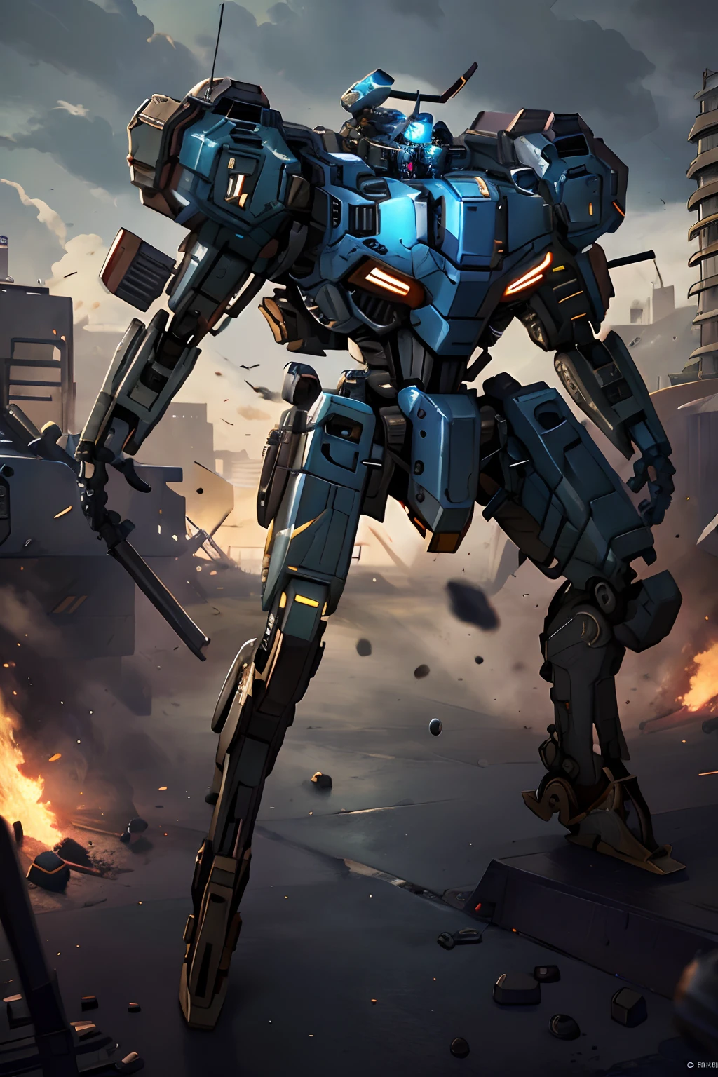 Vertitech Tower A large robot standing in front of a city with a fire - SeaArt AI