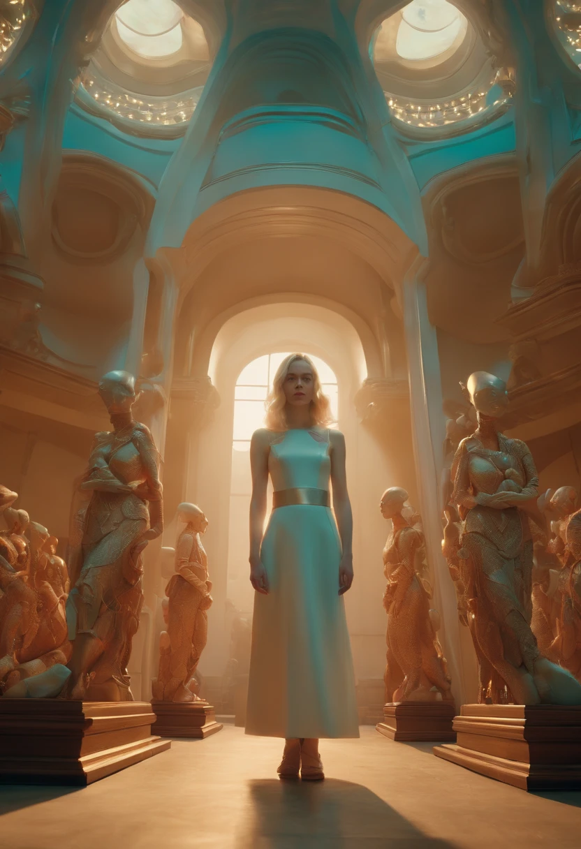 There's a woman standing in a room with a bunch of alien statues, Elle Fanning como um androide, 2 0 2 1 cinematic 4 k framegrab, James Jean e Fenghua Zhong, Eiko Ishioka, promocional ainda, porcelana, björk, Machina --AR 16:9