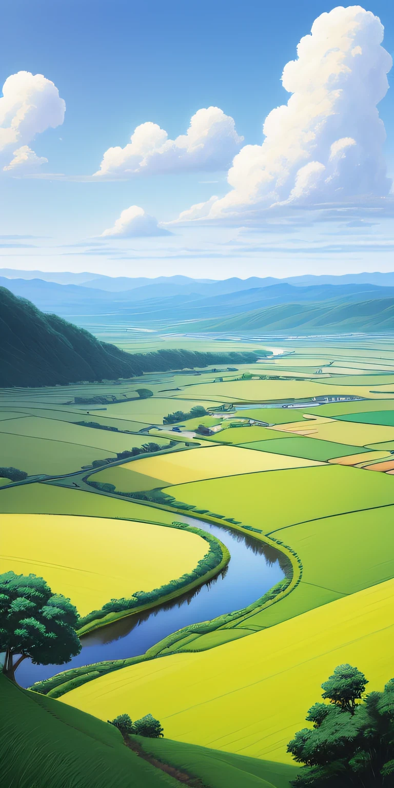 Realistic, real, beautiful and stunning landscape oil painting Studio Ghibli Hayao Miyazaki Petals Grassland Blue Sky Grassland Country Road --v6