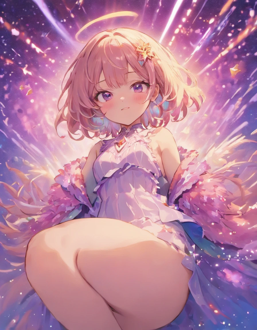 top-quality、Top image quality、8K,masterpiece、(NSFW:1.1)、ultra-detailliert、Beautiful、ultra-quality、adult-like、Cool、girl with(((18year old、Bust 78、a short bob、Happiness)))、hiquality、visualart、Hill with cherry blossom view,(masutepiece:1.3), (Best Quality:1.3), High resolution, Couboy Shot, on back, Sleeping, (One Cute Girl:1.3), Solo, huge smile,Flashy costumes、Angel Ring、eight-headed person, gray hair, (bobhair:1.2), Mixed mesh、Short hair, (Blunt bangs:1.2), Beautiful hair、Beautiful detailed eyes, ultradetailed eyes、Glitter eyes、Octane order,cloud,from the rear、Colorful starry sky,Stars,Iridescent aura around the eyes、Squat position、Lie down and stick your hips out、Iridescent eyes、Narrowed eyes sucked in,Wearing a rainbow-colored aura from the whole body、reddish color, Outdoors, Purple background, Shadow lighting,perfectbody, Style: Beautiful hill with cherry blossoms,Reference brand TEME 2023. Colors of Moya Seoul 2023: brack, More about Vermillion: The top is smart,Casual culottes with loose straps,White shirt material: linen, Cotton, Silk, fleece, Full body front design