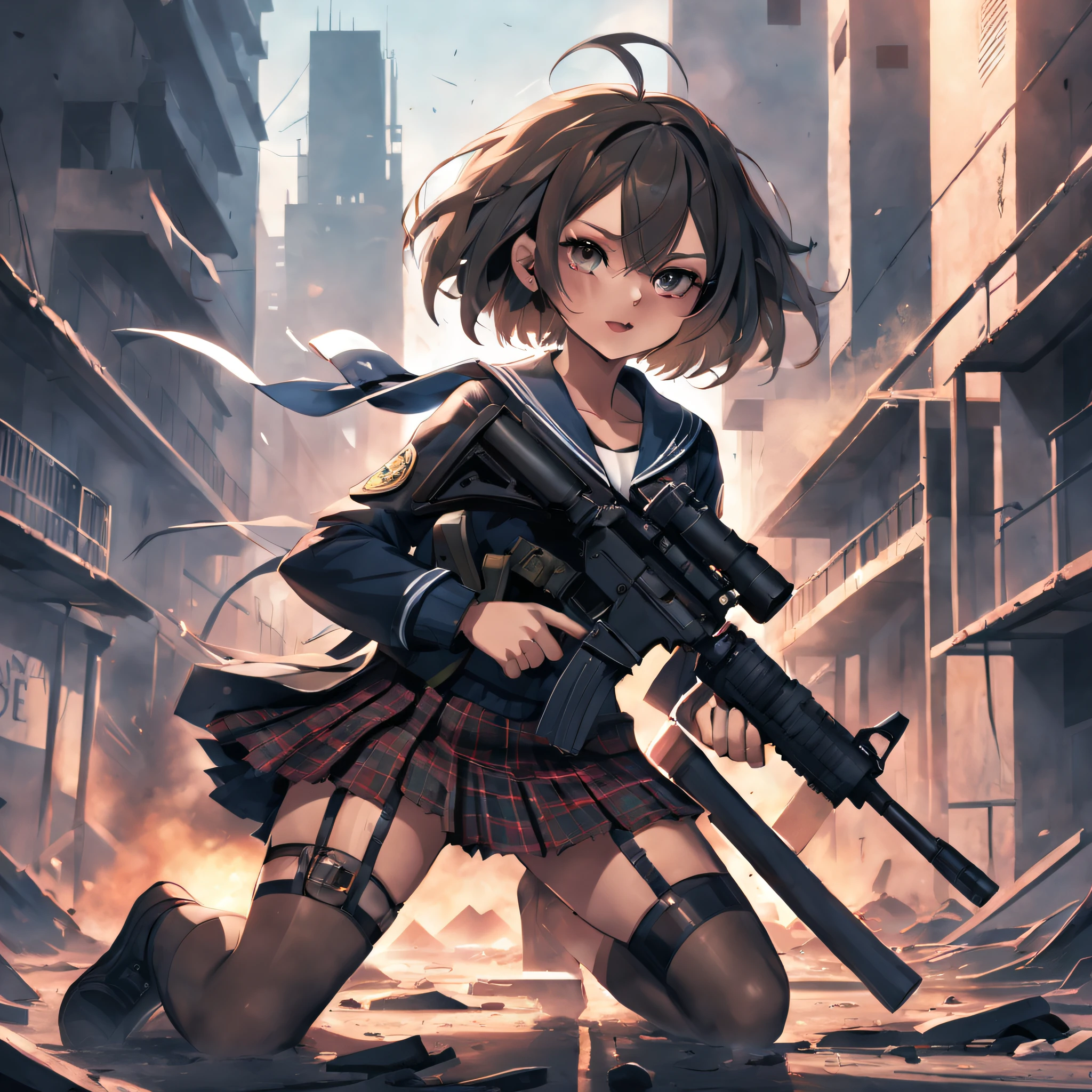 masterpiece, High quality, Cinematic lighting, Front camera angle, Ruined metropolis, High school girl standing on the ground holding an assault rifle (M16), Beautiful girl, Invincible grin, Stylish, Short hair , cleavage, short sailor suit, tartan miniskirt, dynamic pose,