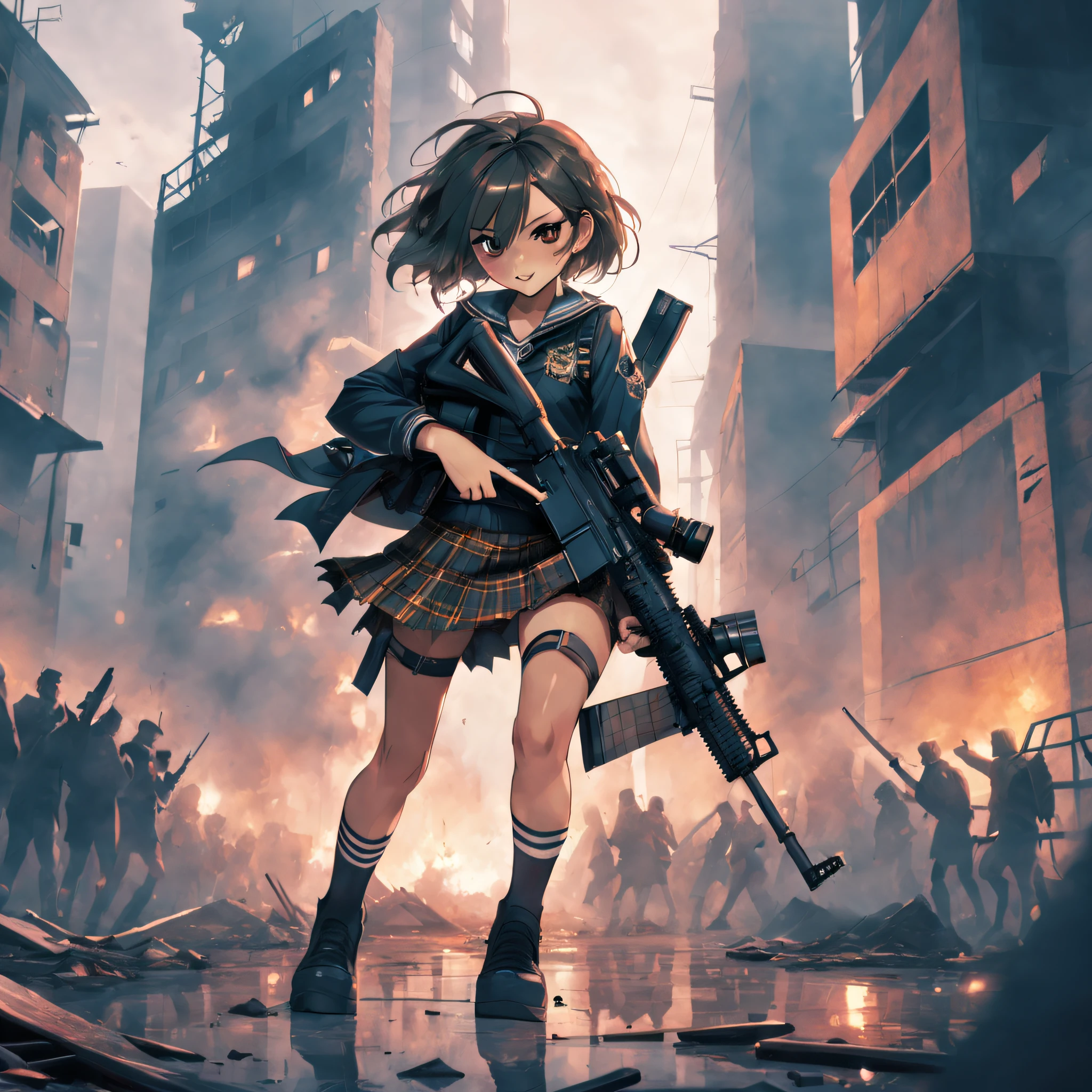 masutepiece, High quality, Disgusting feeling, Cinematic lighting, Front Camera Angle, Ruined metropolis, Upper body, High school girl standing on the ground with assault rifle (M16), Beautiful Girl, Unbeatable smile, Good looking style, Short hair, cleavage, Short sailor suit, Tartan mini skirt, Dynamic Pose,