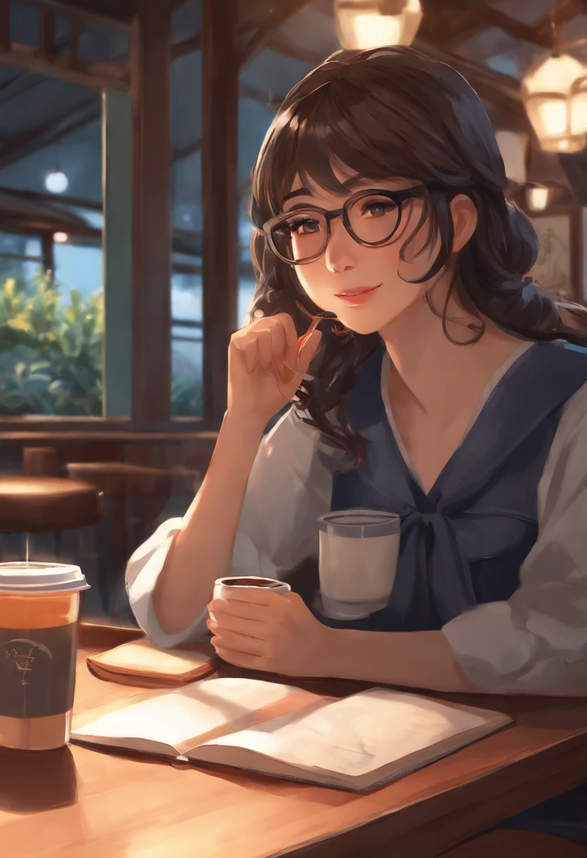 Anime girl sitting at table with drink and notepad, mysterious coffee shop girl, makoto shinkai art style, anime moe art style, Shinkai Makoto style, marin kitagawa fanart, (Anime Girl), ( woman samurai ) girl, with glasses, Kantai Collection Style, cute slightly nerdy smile, painted in anime painter studio, sitting in a cafe、drunk