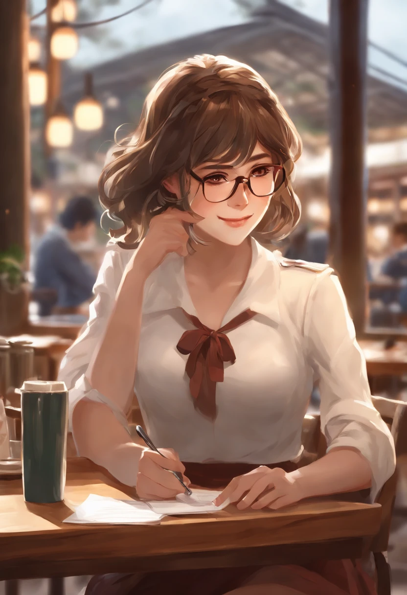 Anime girl sitting at table with drink and notepad, mysterious coffee shop girl, makoto shinkai art style, anime moe art style, Shinkai Makoto style, marin kitagawa fanart, (Anime Girl), ( woman samurai ) girl, with glasses, Kantai Collection Style, cute slightly nerdy smile, painted in anime painter studio, sitting in a cafe、drunk