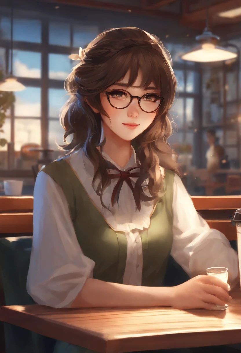 Anime girl sitting at table with drink and notepad, mysterious coffee shop girl, makoto shinkai art style, anime moe art style, Shinkai Makoto style, marin kitagawa fanart, (Anime Girl), ( woman samurai ) girl, with glasses, Kantai Collection Style, cute slightly nerdy smile, painted in anime painter studio, sitting in a cafe、drunk