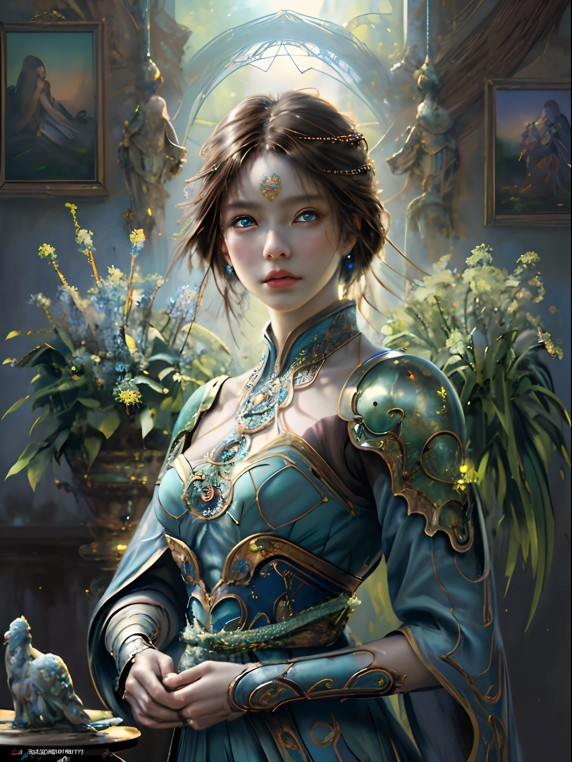 8k, intricate, elegant, highly detailed, majestic, digital photography, art by artgerm and ruan jia and greg rutkowski surreal painting, (masterpiece, sidelighting, finely detailed beautiful eyes: 1.2), hdr, (detailed background window to a new dimension, plants and flowers:0.7) infinity, beautiful woman, brown hair, blue eyes, fair skin, portrait