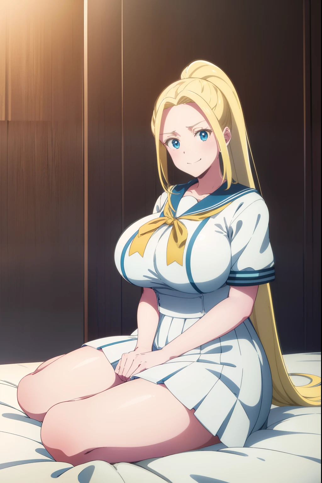 Huge tits, solo, white sailor uniform, smile, beatrixamerhauser, beatrix amerhauser, long hair, blue eyes, blonde hair, ponytail, best quality, high resolution, unity 8k wallpaper, extremely detailed face, perfect lighting, extremely detailed, sitting on the bed
Estimate