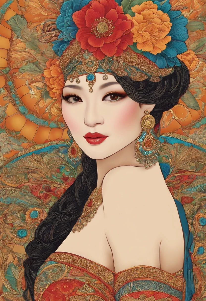 (Masterpiece, Top quality, Best quality, offcial art, Beautiful and aesthetic:1.2), (1girll:1.3),copier （printer：1.5）Extremely detailed,(Fractal art:1.1),(Colorful:1.1)(Flowers:1.3),highest details,(zentangle:1.2), (Dynamic pose), (abstract backgrounds:1.3), (Chinese Traditional Cloth:1.2), (Shiny skin), (many color:1.4), ,(Earrings:1.4),