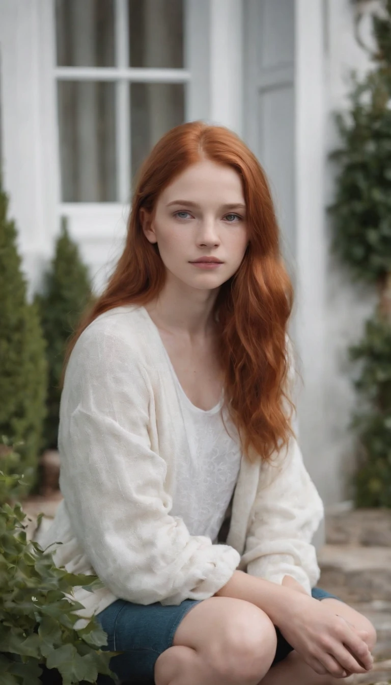 1 beautiful white **-****-*** girl , Redhead . squatting in front of the house