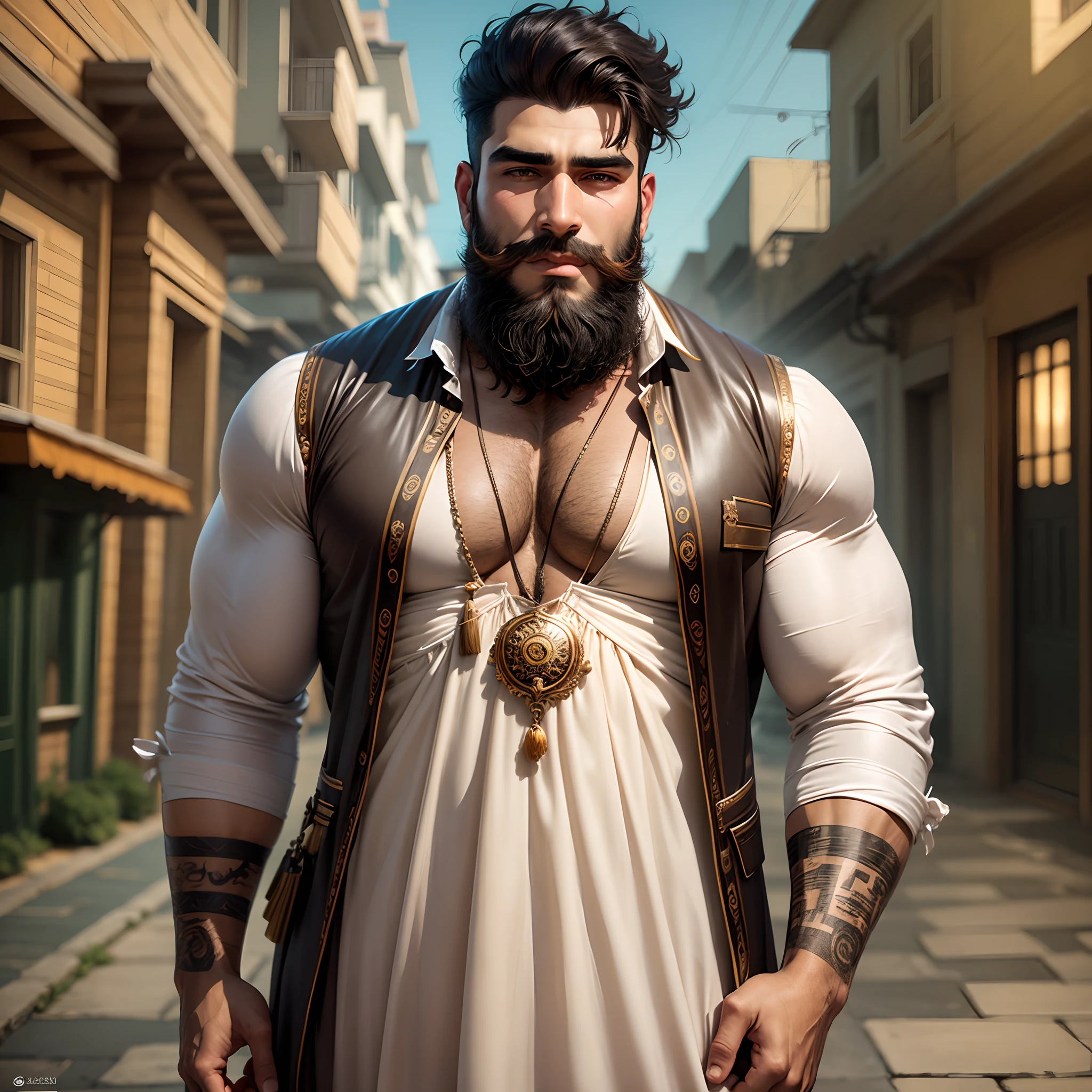 Elegant Chinese strong man, Strong physique, White robe, White Arabic pants, Light blue noble shirt, White boots, Messy light blue hair, A satisfied expression, Short hair, dark strong blue eye, Noble appearance, Armed with a silver spear, Ancient castle, medieval environment.short detailed hair，Short beard perfect figure with tattoos, Very huge and strong body, Bulging muscles, musculous, Very large pectoral muscles，Very sexy abs，The legs are muscular，Tall and mighty，Exposed Body，Tall and burly，toned figure，Huge genital bulging area，Brightens oily skin，Muscular。