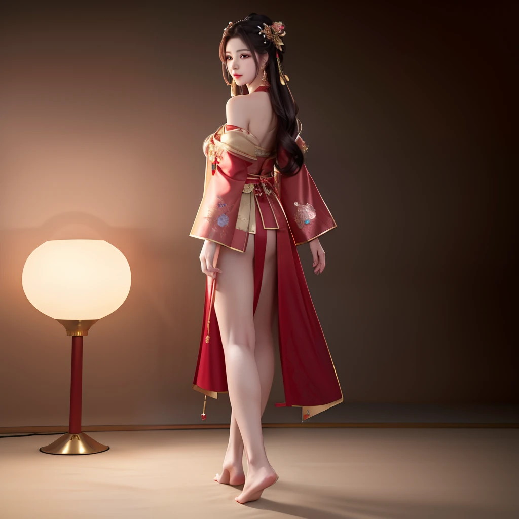 best quality, masterpiece, highres, 1girl,blush,(seductive smile:0.8),star-shaped pupils,sexy china hanfu in red, very luxury, luxury hair ornament, luxury necklace, jewelry,Beautiful face, showing legs, with her back turned, hands hided, barefoot, full body, tyndall effect,photorealistic, dark studio, rim lighting, two tone lighting,(high detailed skin:1.2), 8k uhd, dslr, soft lighting, high quality, volumetric lighting, candid, Photograph, high resolution, 4k, 8k, Bokeh