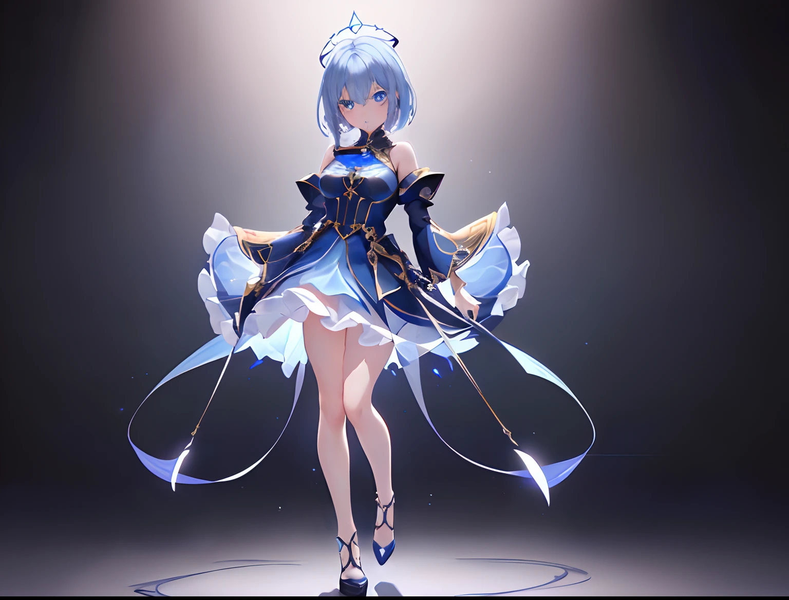(Official art、Best Quality、Unity 8k Wallpapers、32K、masterpiece、ultra-detailliert、超A high resolution、realisitic、Photorealsitic:1.2)、(Cinematic lighting:1.2)、Fireglow effect、film grains、Best Shadows、(masterpiece:1.21), (top-quality:1.331), ((ultra-detailliert)), ((Superb illustration)), ((astounding)), (An ultra-high picture quality), Gorgeous and rich graphics, (extremely delicate and beautiful:1.21), 8K, wall-paper, (Very beautiful lighting), hard lights,(beautiful finely detailed eyes)、1girl in、(Full body portrait:1.8)、(Full body:1.5)、 (super detailed skin、detailed skin textures:1.3)、独奏、full bodyesbian、From head to toe、is standing、blue hairs、(shorth hair:1.3)、blue eyess、(Detailed beautiful face and eyes:1.5)、Sharp pupils、sullenness、frontage、masterpiece、top-quality、black backgrounds、Empty background